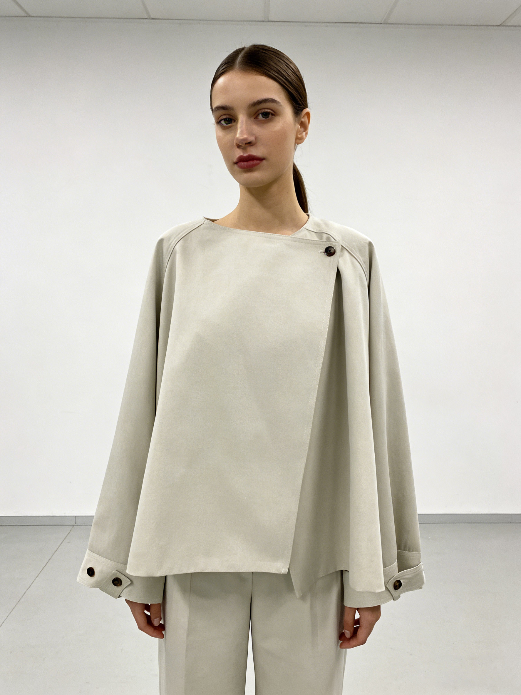 Elegant Light Beige Office Blouse - Raglan Sleeve Wrap Top  57682