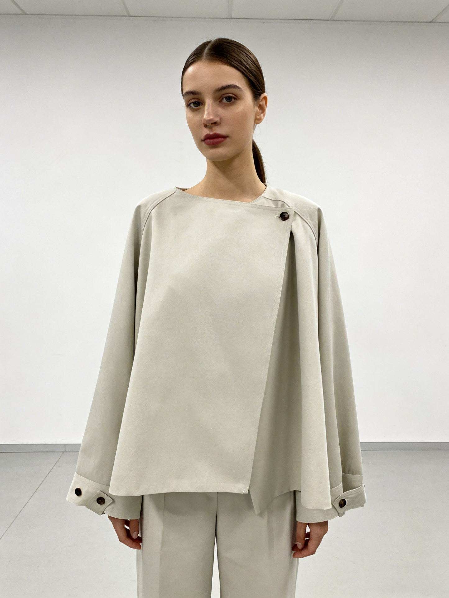 Elegant Light Beige Office Blouse - Raglan Sleeve Wrap Top  57682