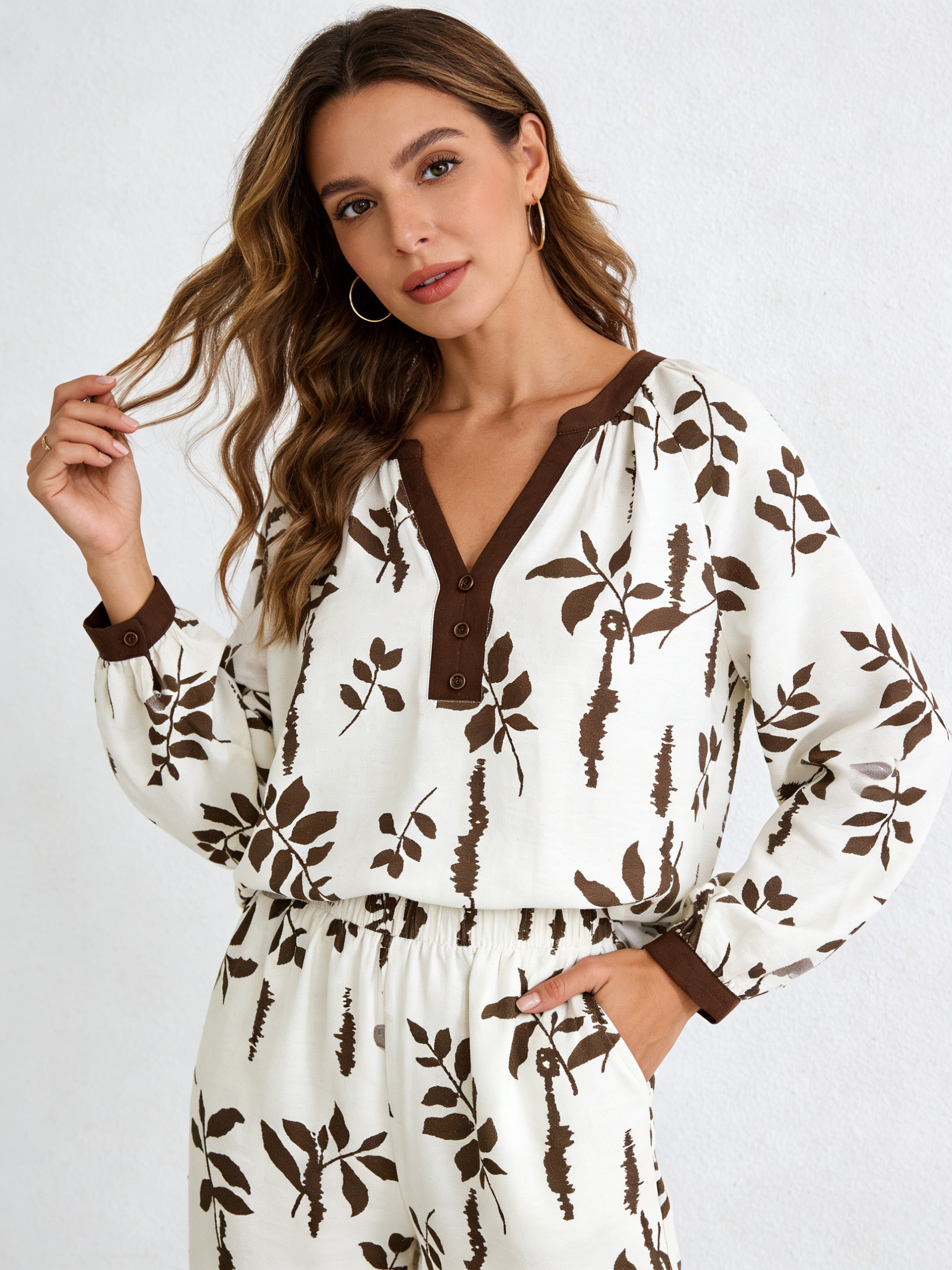 hic Earthy Botanical Print Long Sleeve Blouse with Contrast V-Neck A-42170