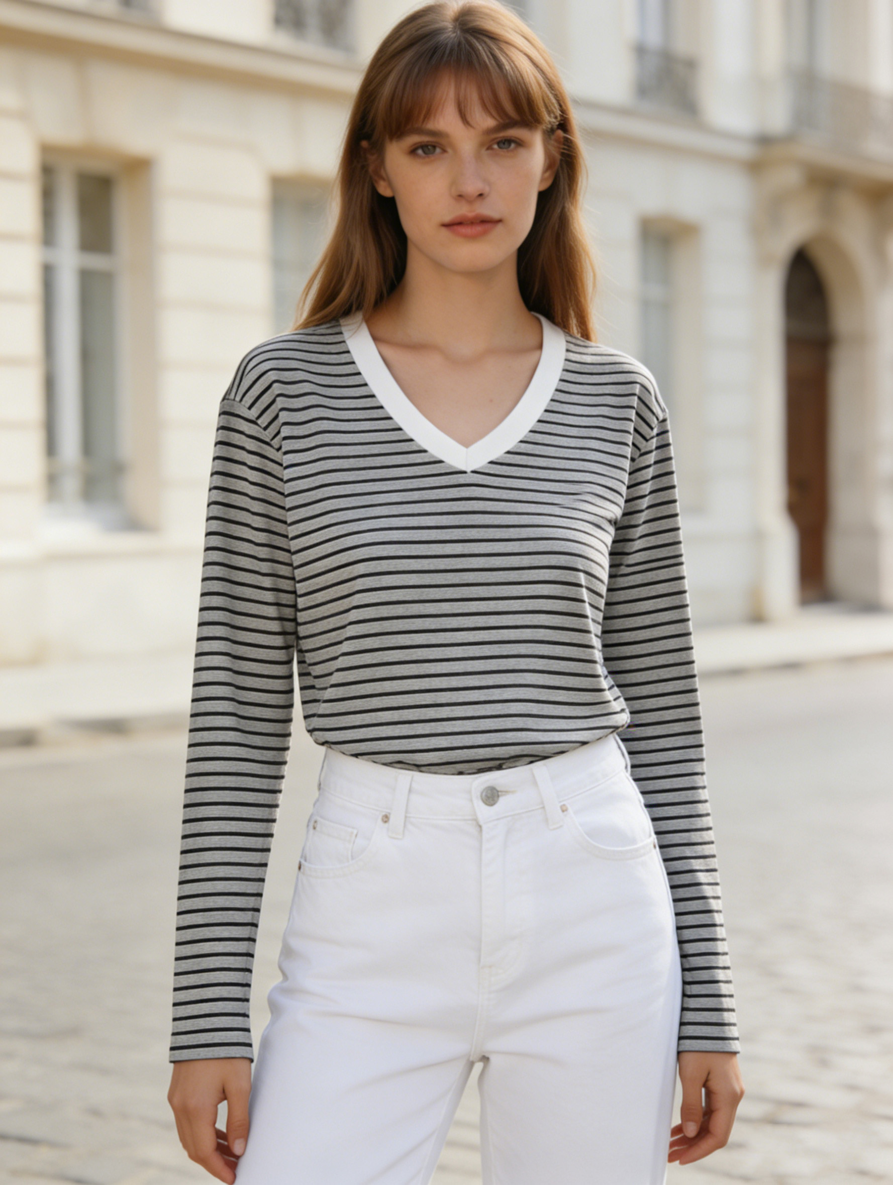 Minimalist Grey Stripe V-Neck Tee - Long Sleeve Casual Base Layer  C-41931-1