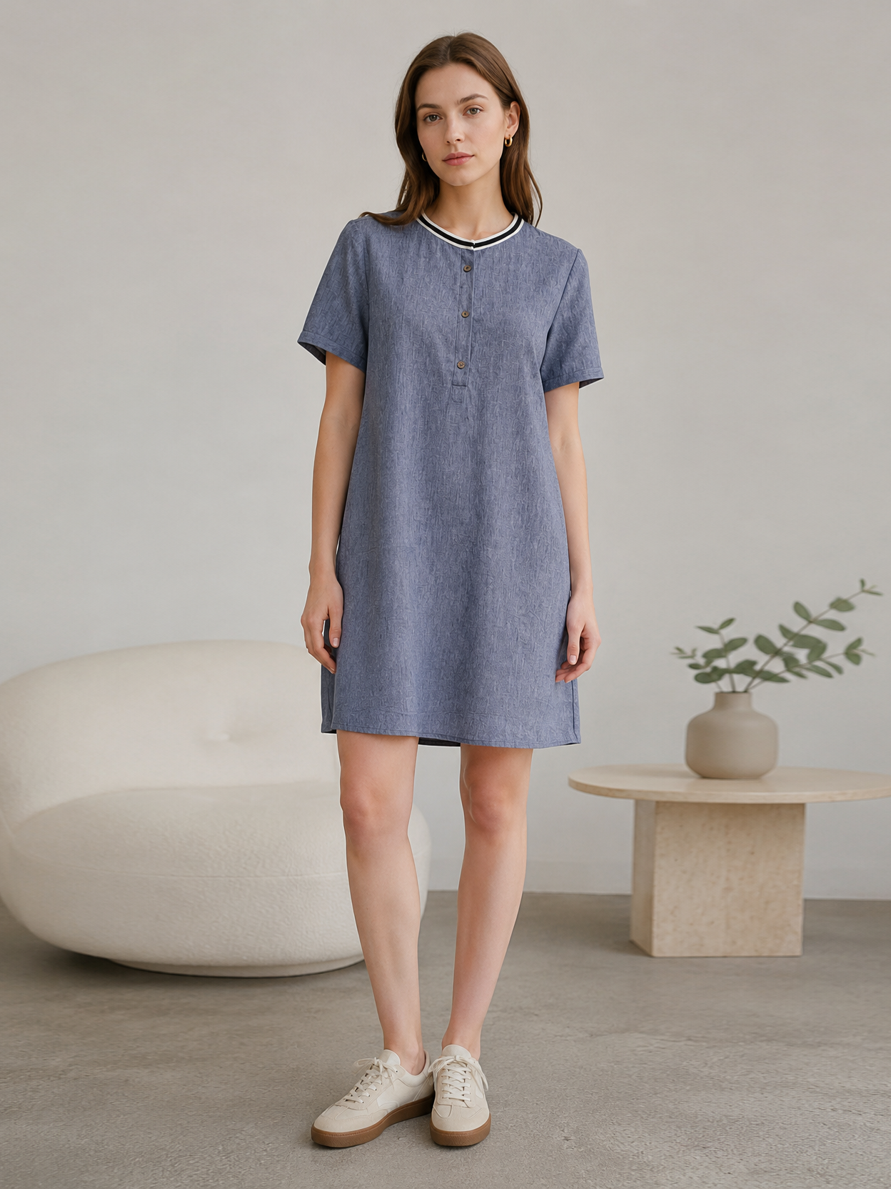 Blue Linen-Blend Tunic Dress with Contrast Neckline Trim AN-750015