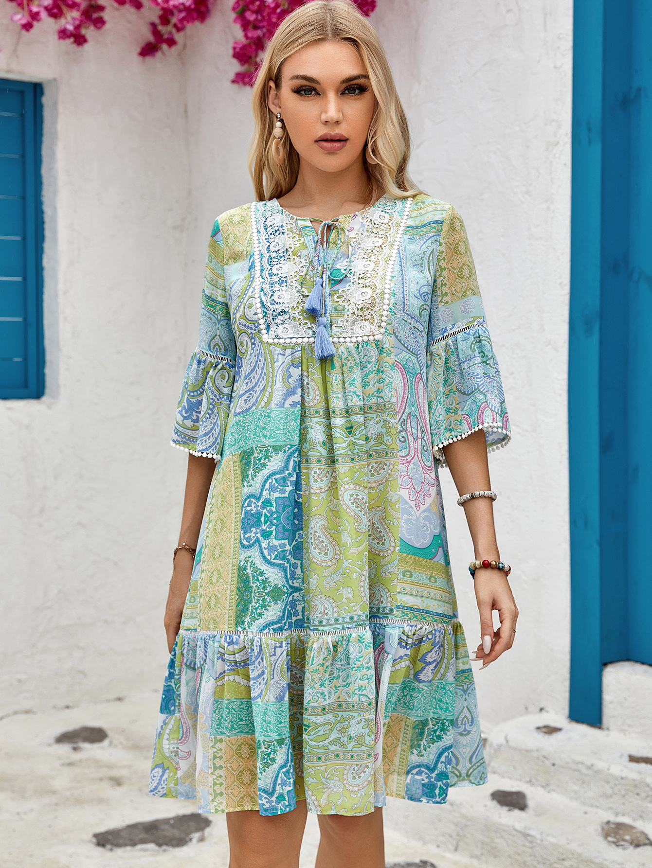 Women’s Boho Patchwork Paisley Tassel Tie Resort Dress D-35109