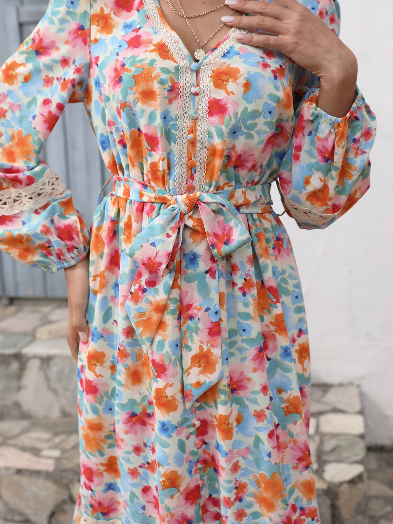 Boho Floral V-Neck Tie Waist Tiered Maxi Dress W-33441