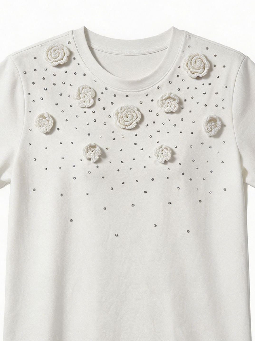 Summer White Tee with 3D Crochet Flowers and Rhinestones Short Sleeve Top M-40142-7