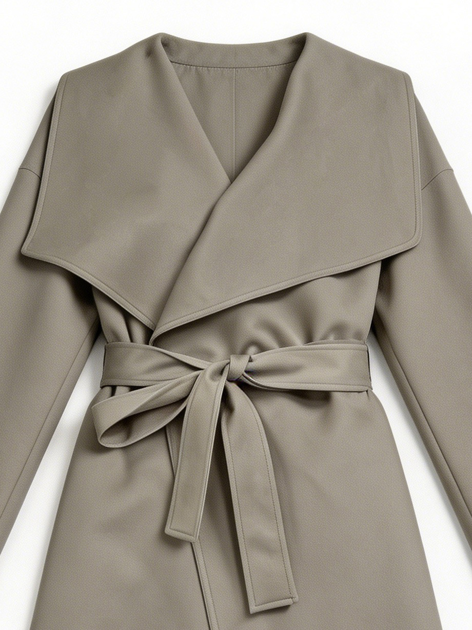 Minimalist Belted Trench Coat – Oversized Lapel Wrap Elegant Long Coat 57703