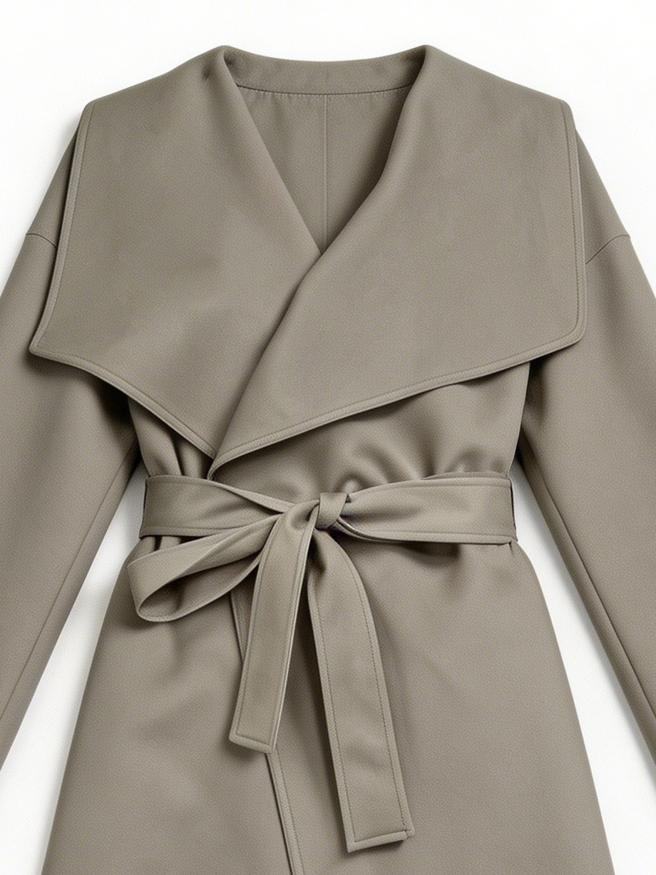 Minimalist Belted Trench Coat – Oversized Lapel Wrap Elegant Long Coat 57703