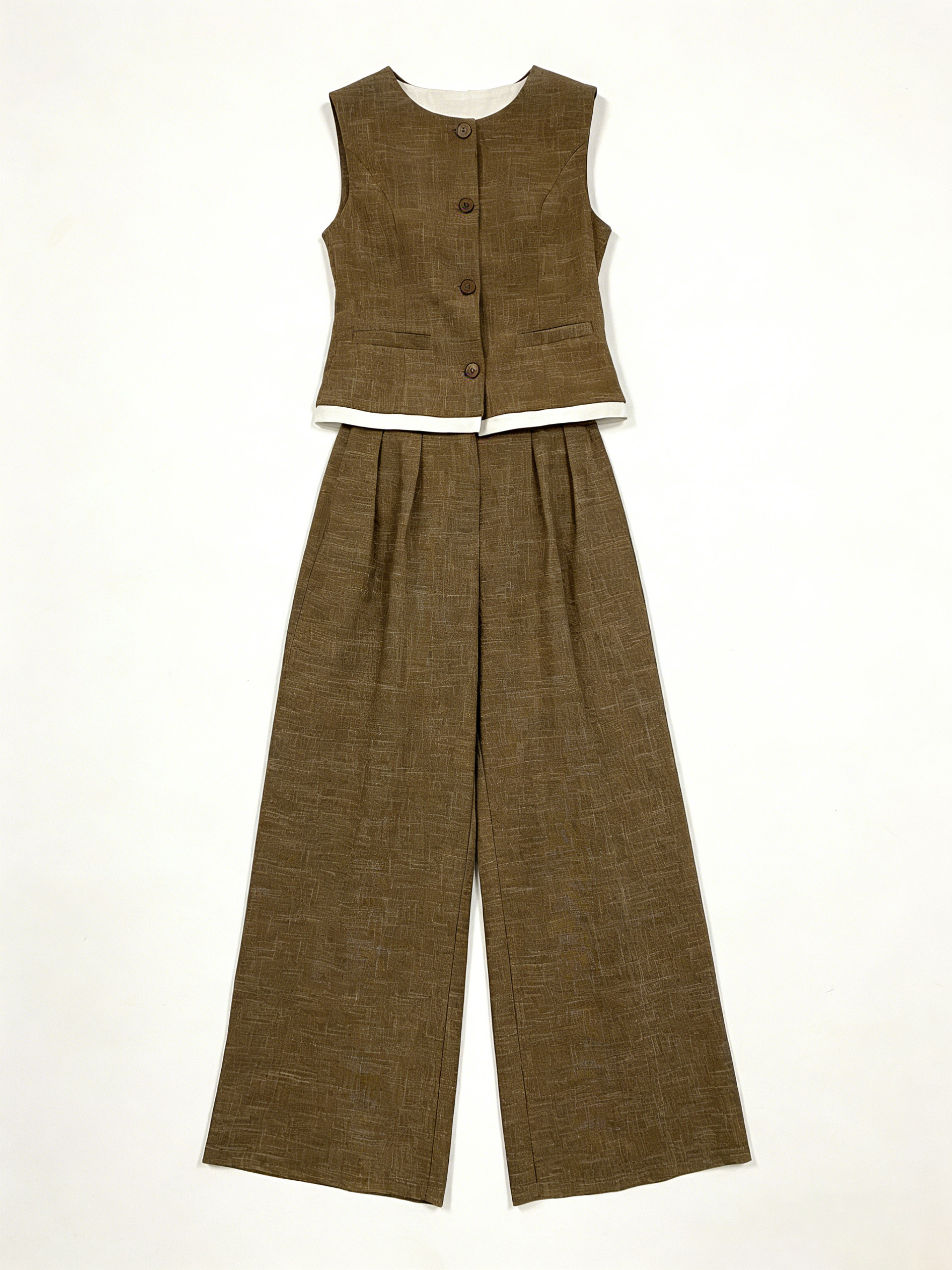 Brown Linen-Blend Sleeveless Vest Wide Leg Pants Set - Two Piece Outfit 