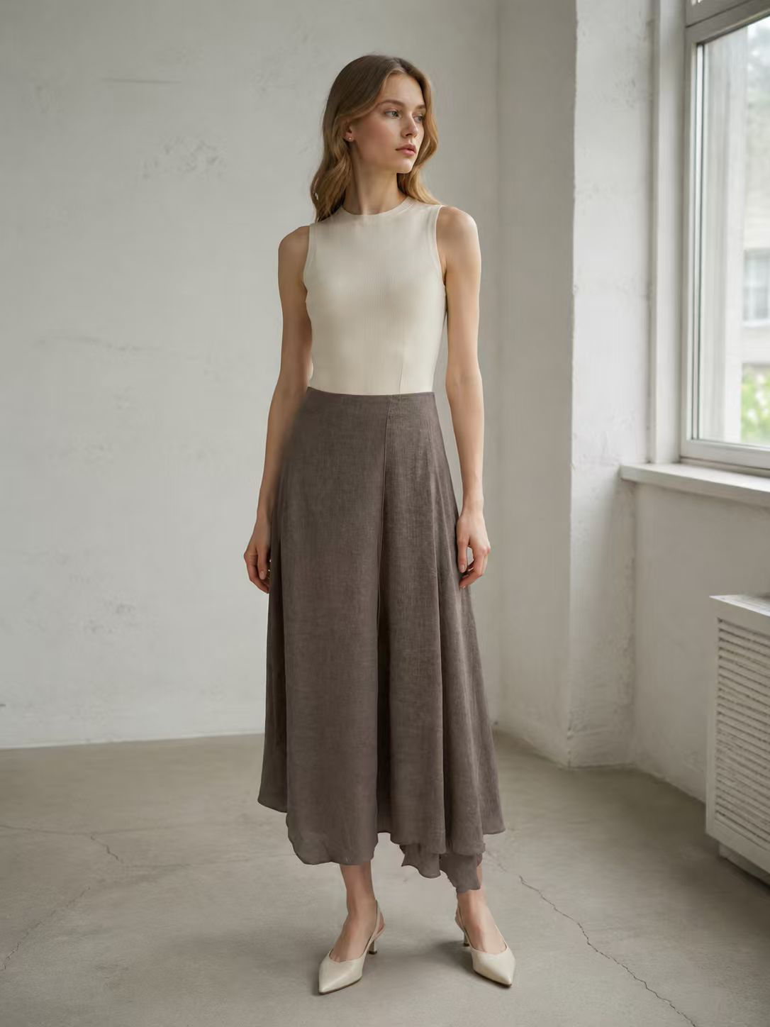 Chic White Linen Pants - Floral Embroidery Relaxed Fit Summer skirt C-42572