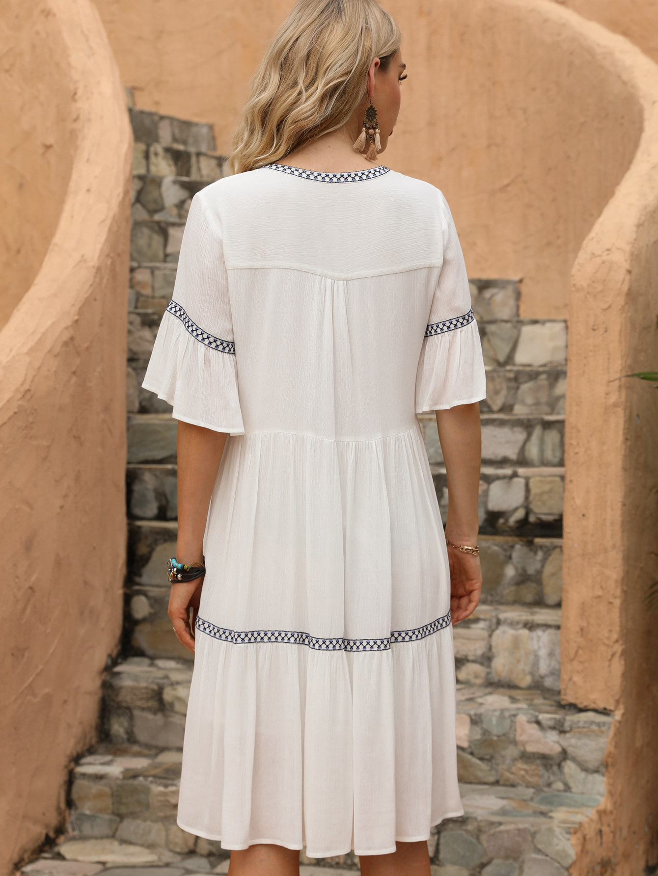 Women’s Boho Embroidered Trim Tiered White Summer Dress D-35310