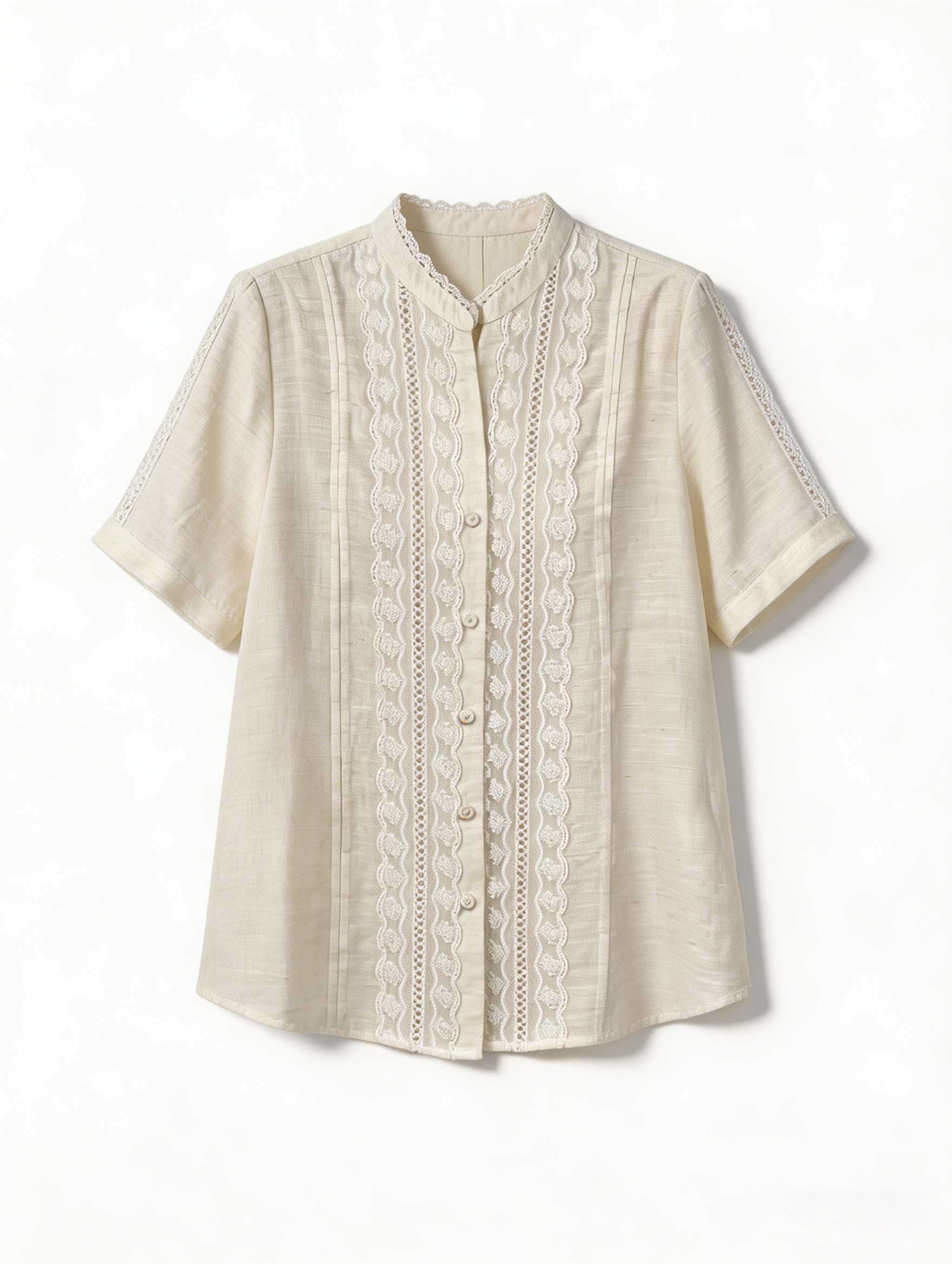 Women’s Vintage Lace Blouse – Cotton Linen Stand Collar Elegant Summer Top W-32702