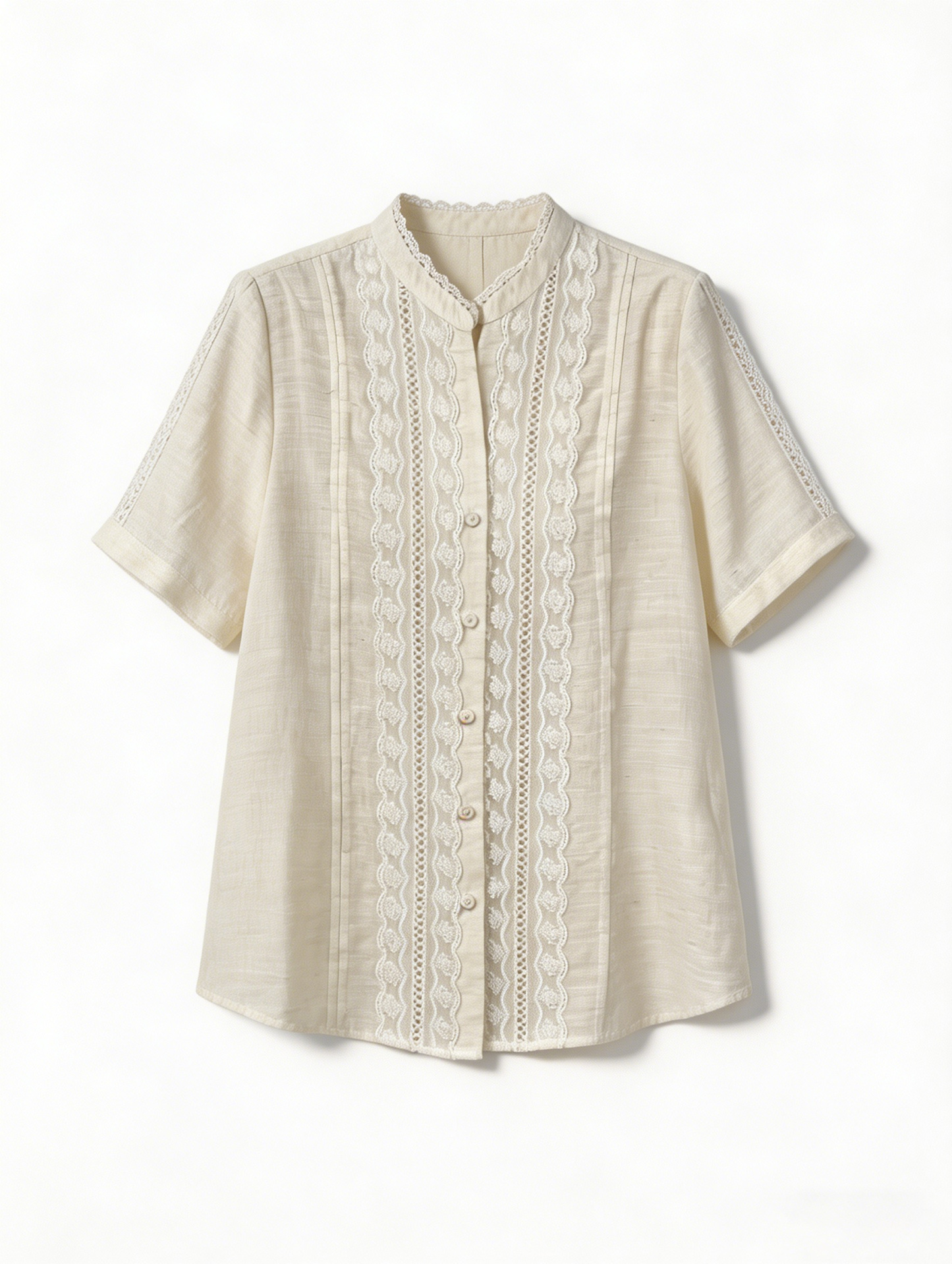 Women’s Vintage Lace Blouse – Cotton Linen Stand Collar Elegant Summer Top W-32702