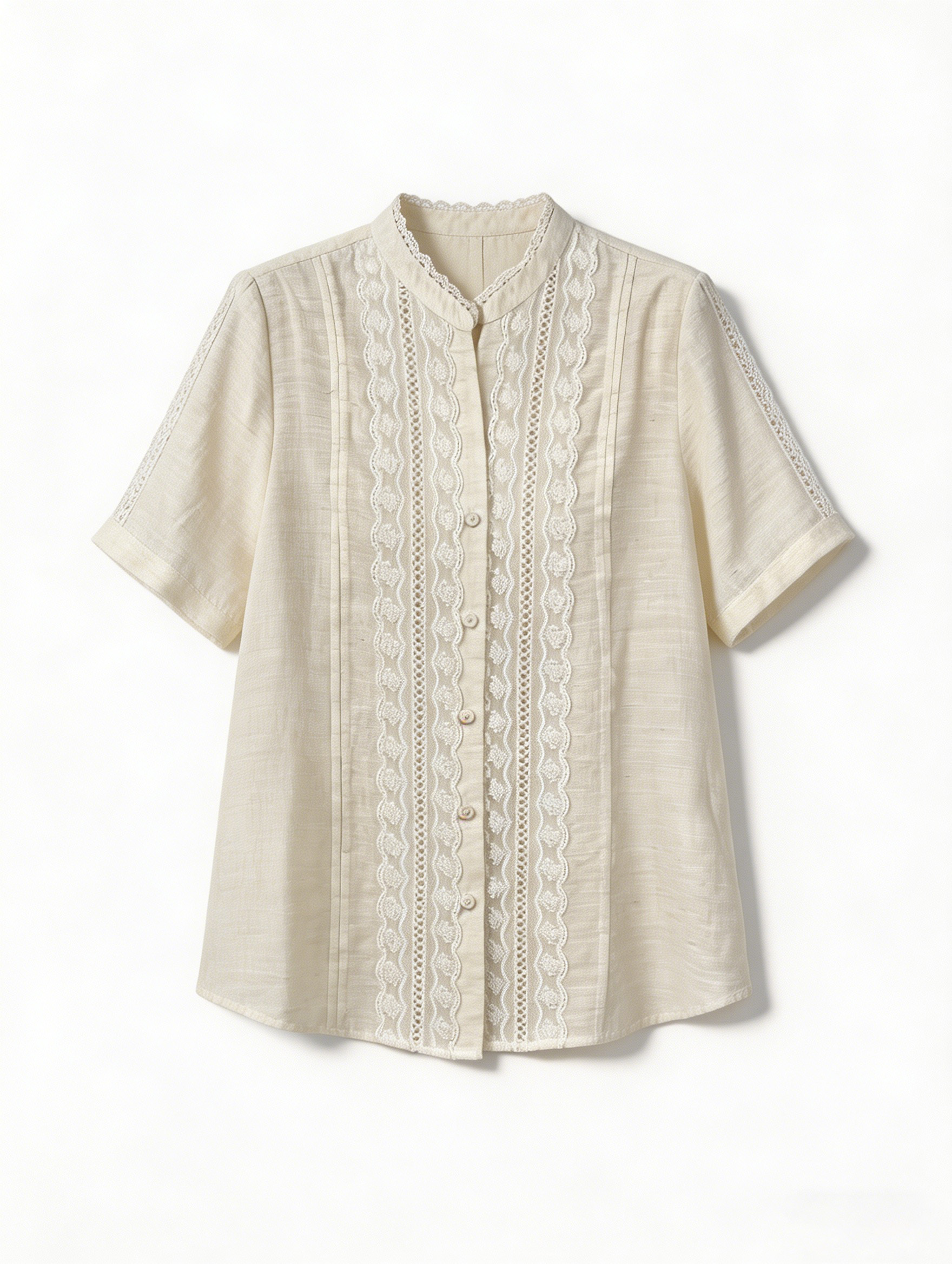 Women’s Vintage Lace Blouse – Cotton Linen Stand Collar Elegant Summer Top W-32702