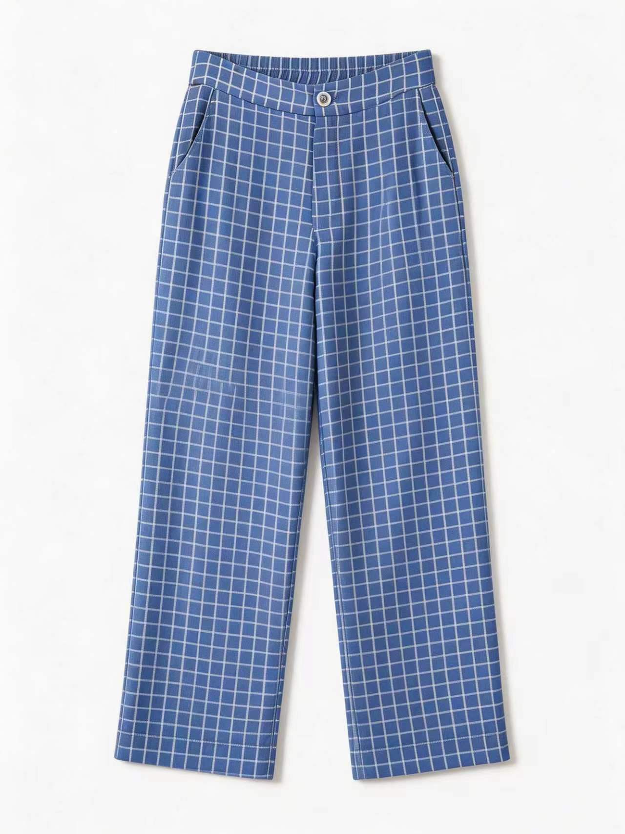 Minimalist Blue Grid Print High-Waisted Trousers AN-710016
