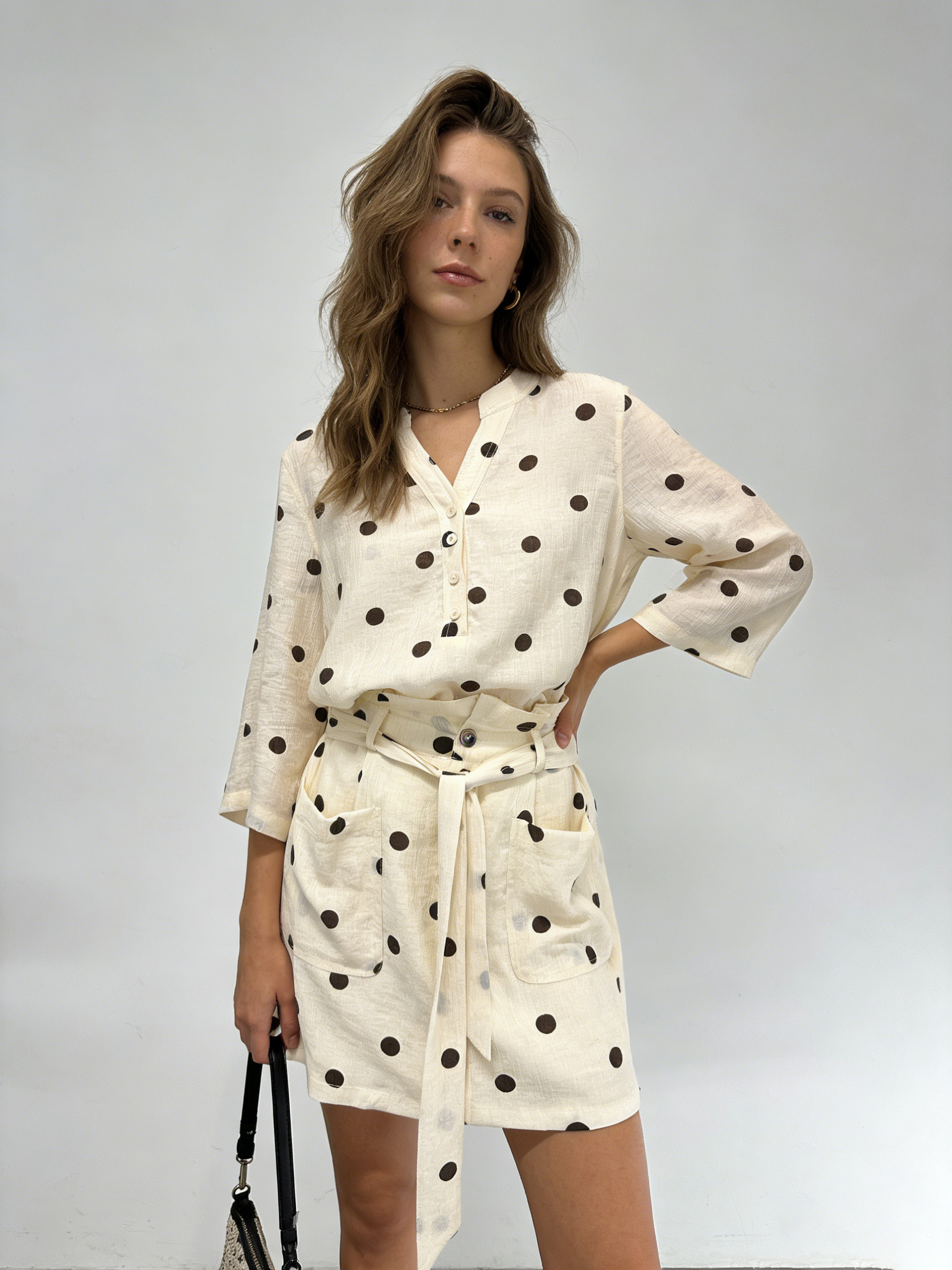 French Retro Polka Dot 2-Piece Set: Loose Shirt & Paperbag Shorts A-42105+A-42078