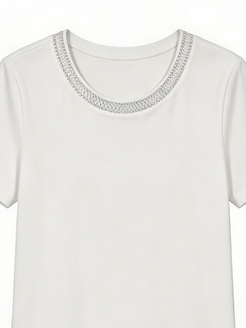 Wholesale Women's Rhinestone Crochet Trim Scoop Neck Summer T-Shirt M-40301
