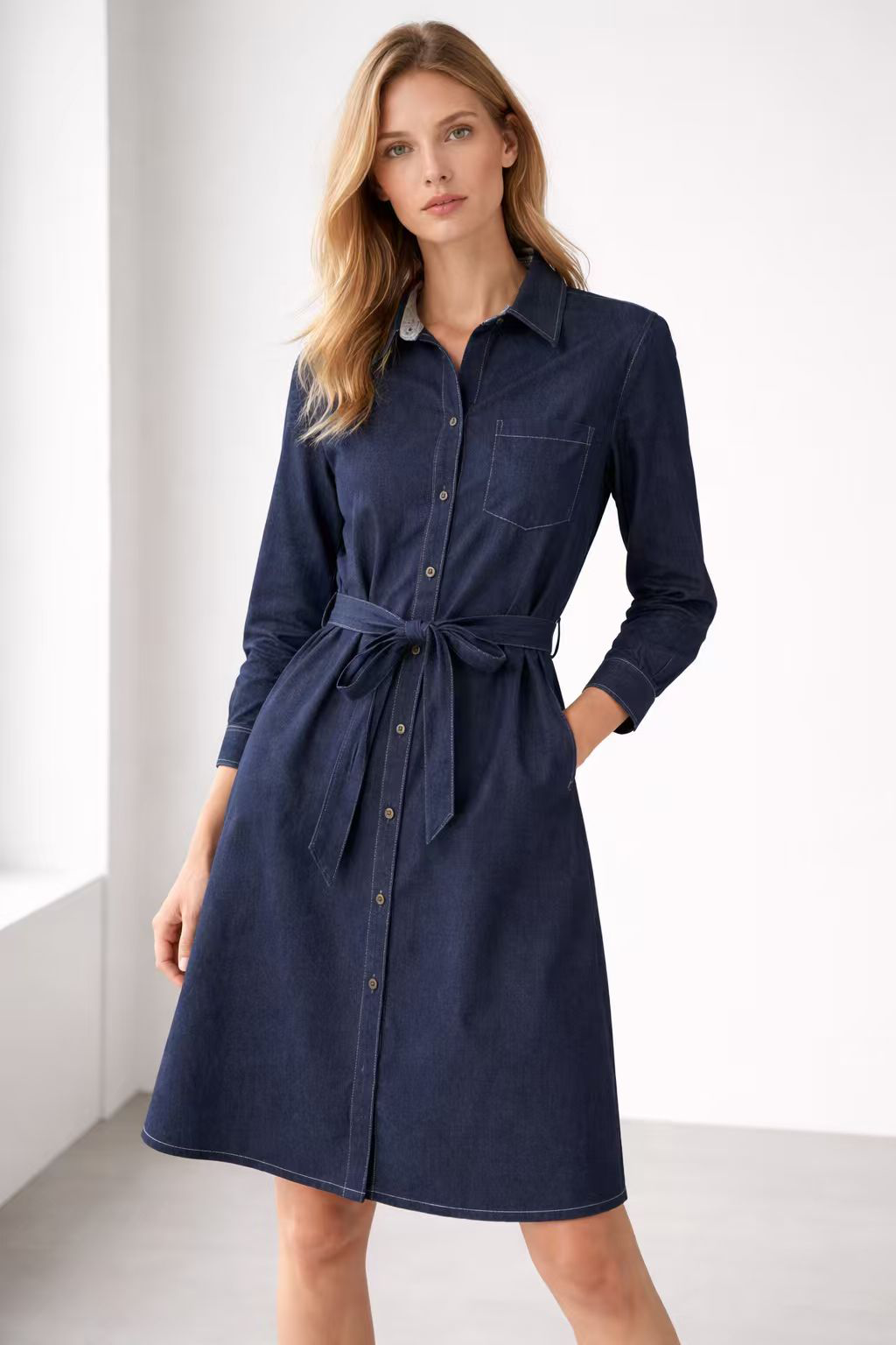 Denim Shirt Dress with Belt - Casual Midi Dress A-43054
