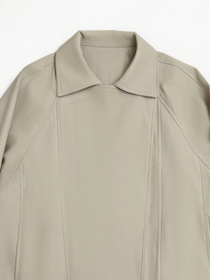 Old Money Style Light Beige Faux Leather Jacket - Oversized Lapel Drawstring Waist Coat  57722