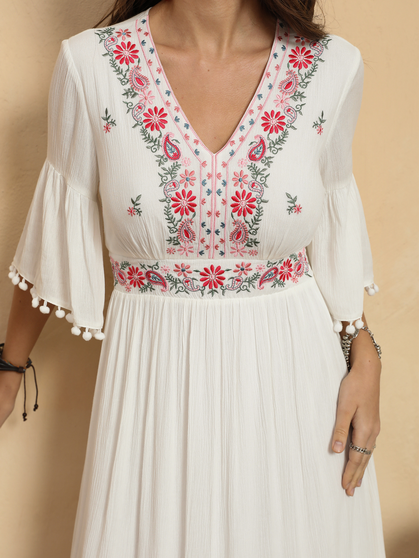 Women’s Boho Embroidered V-Neck Flare Sleeve Maxi Dress D-34958