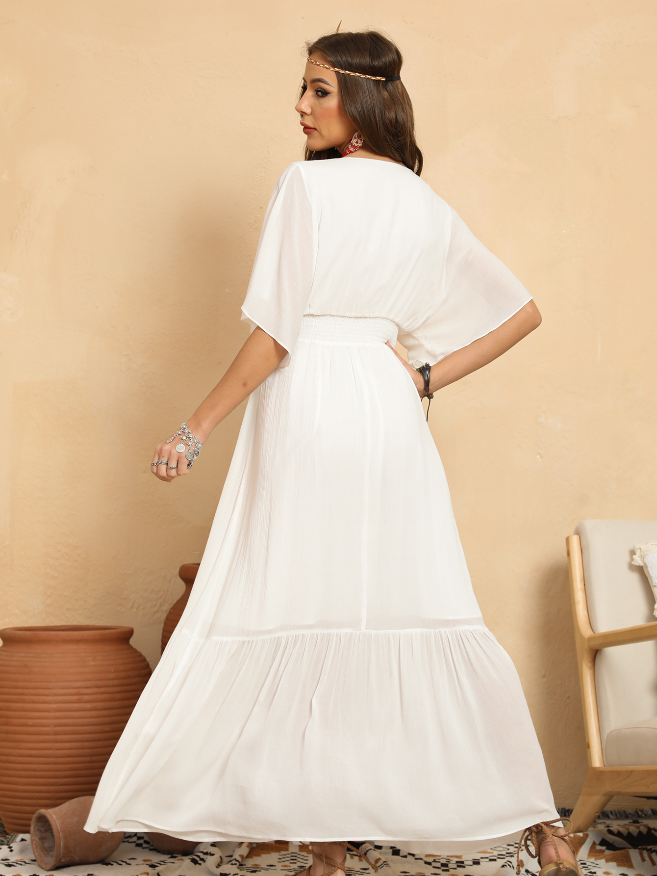 Women’s Boho V-Neck Ethnic Trim Flowy Maxi Dress D-34634