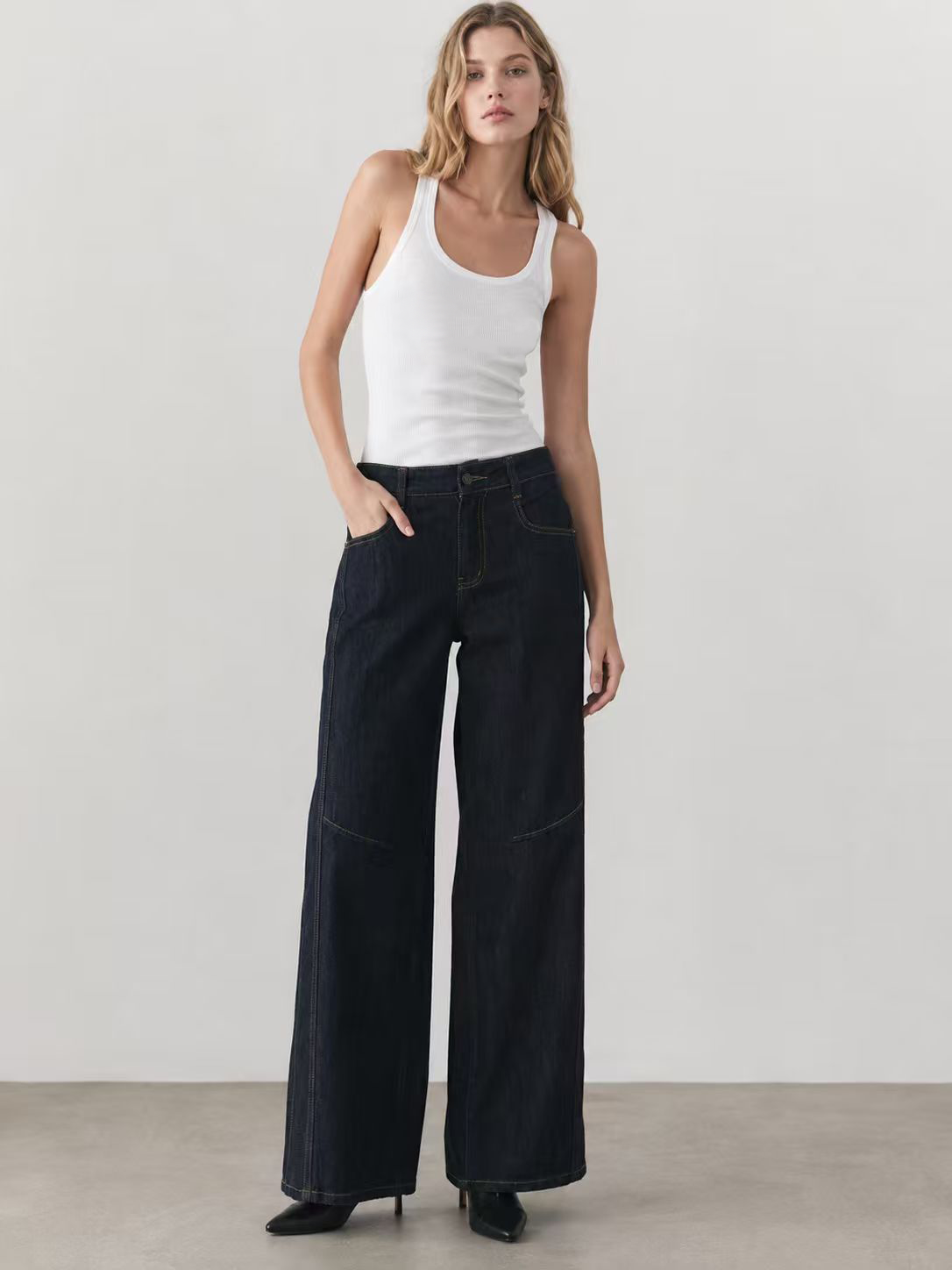 Vintage Dark Wash High Waist Wide Leg Jeans Retro Gold Stitch Denim Pants ZY6027