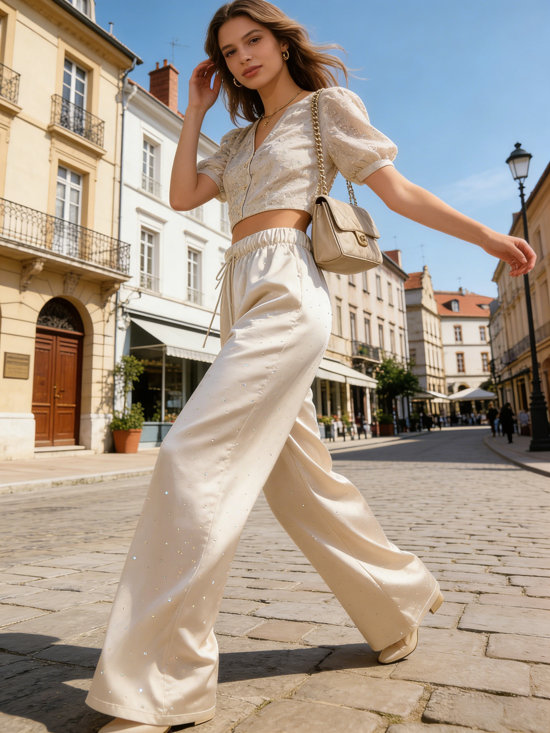 Women's Beige Satin Wide Leg Pants - Rhinestone Embellished Drawstring Trousers 21792