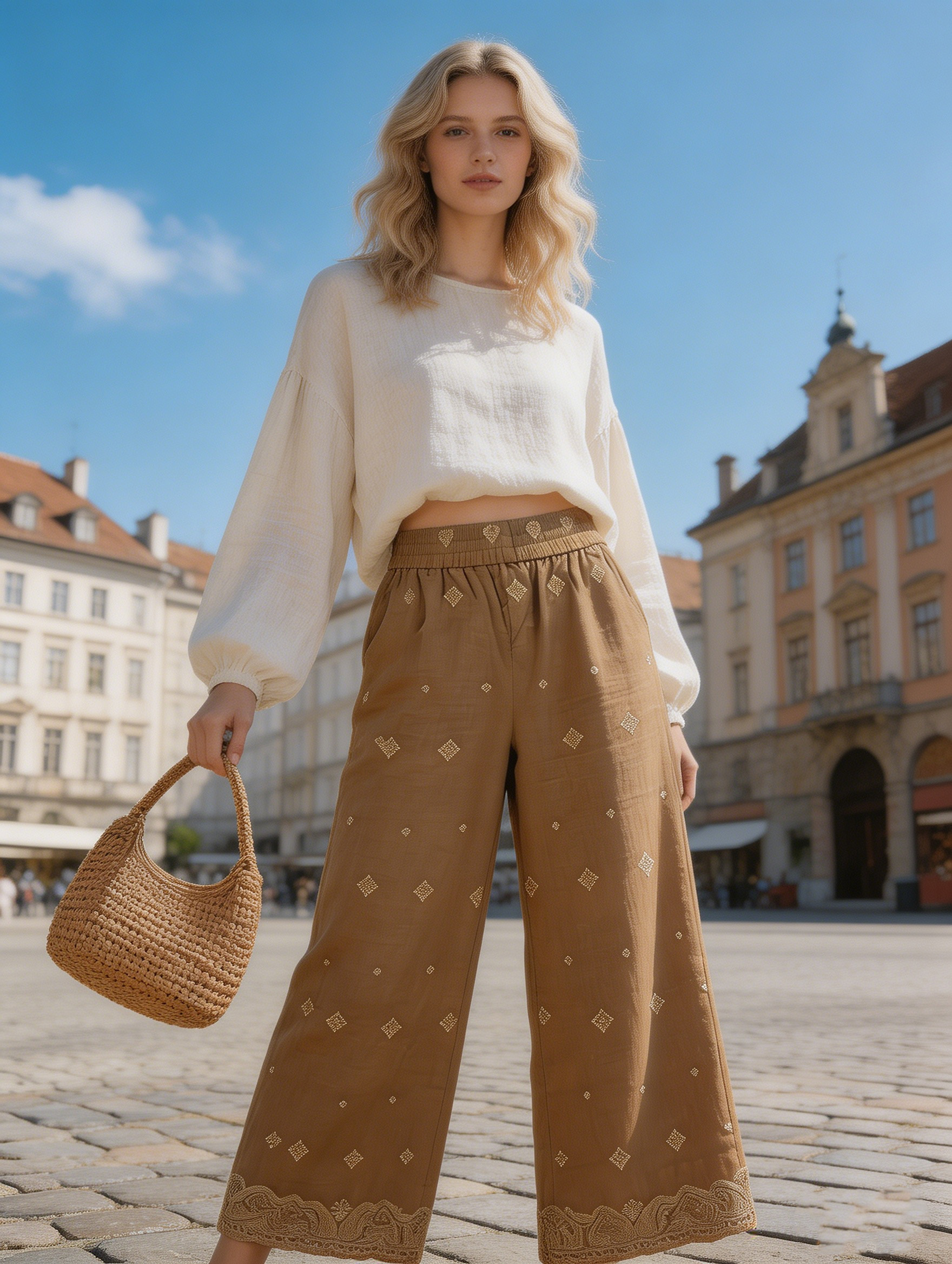 Boho Khaki Geometric Embroidered Pants - High Waist Relaxed Fit Trousers  AN-710002