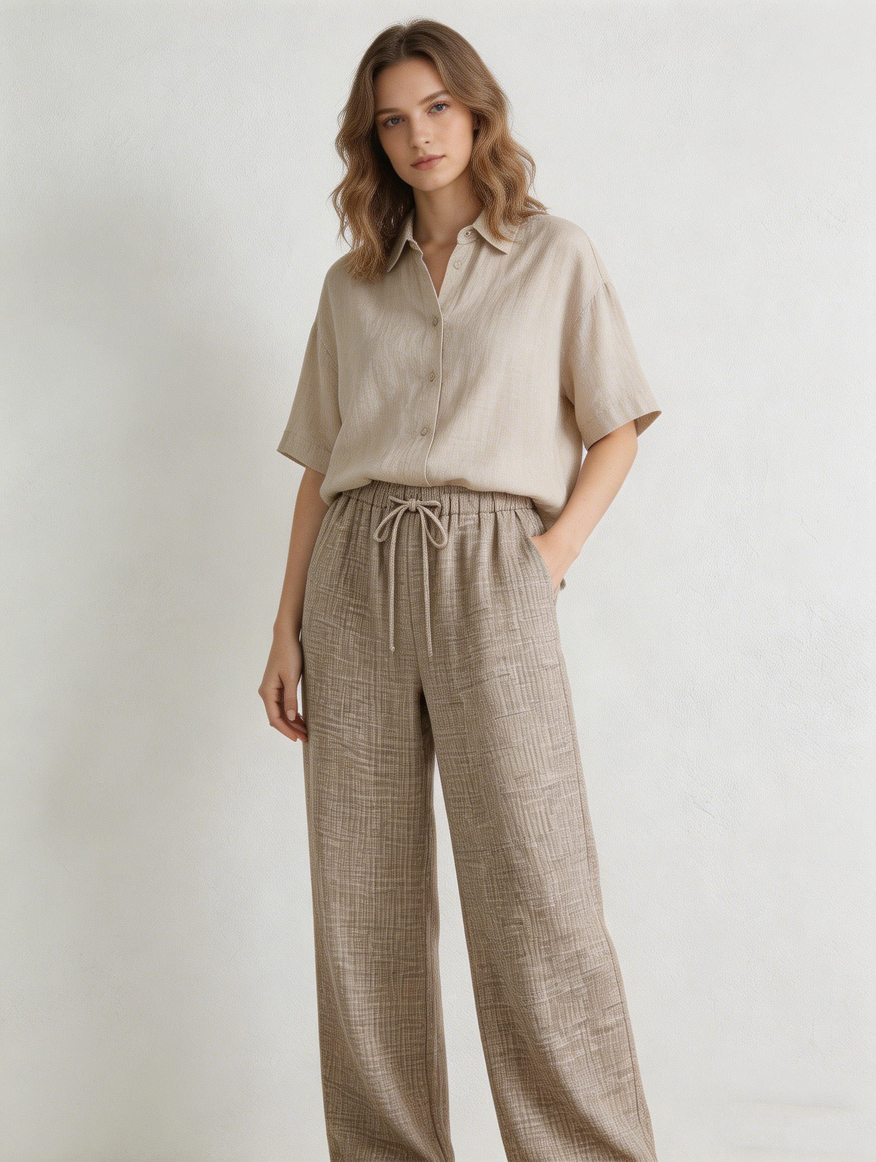 Women's Khaki Textured Drawstring Wide Leg Pants - Relaxed Fit Trousers  S-2543