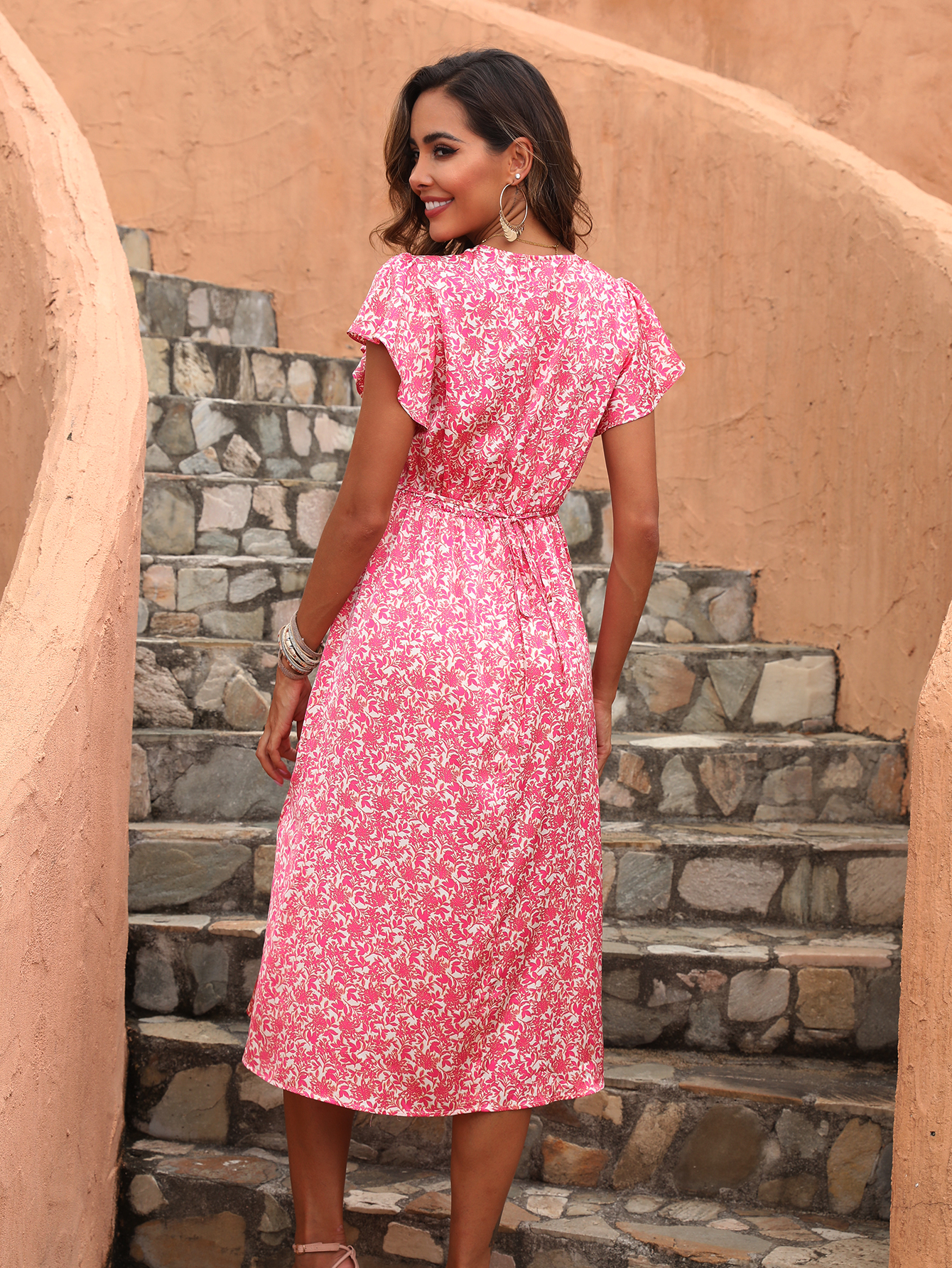 Women’s Floral V-Neck Flutter Sleeve Midi Dress D-35750