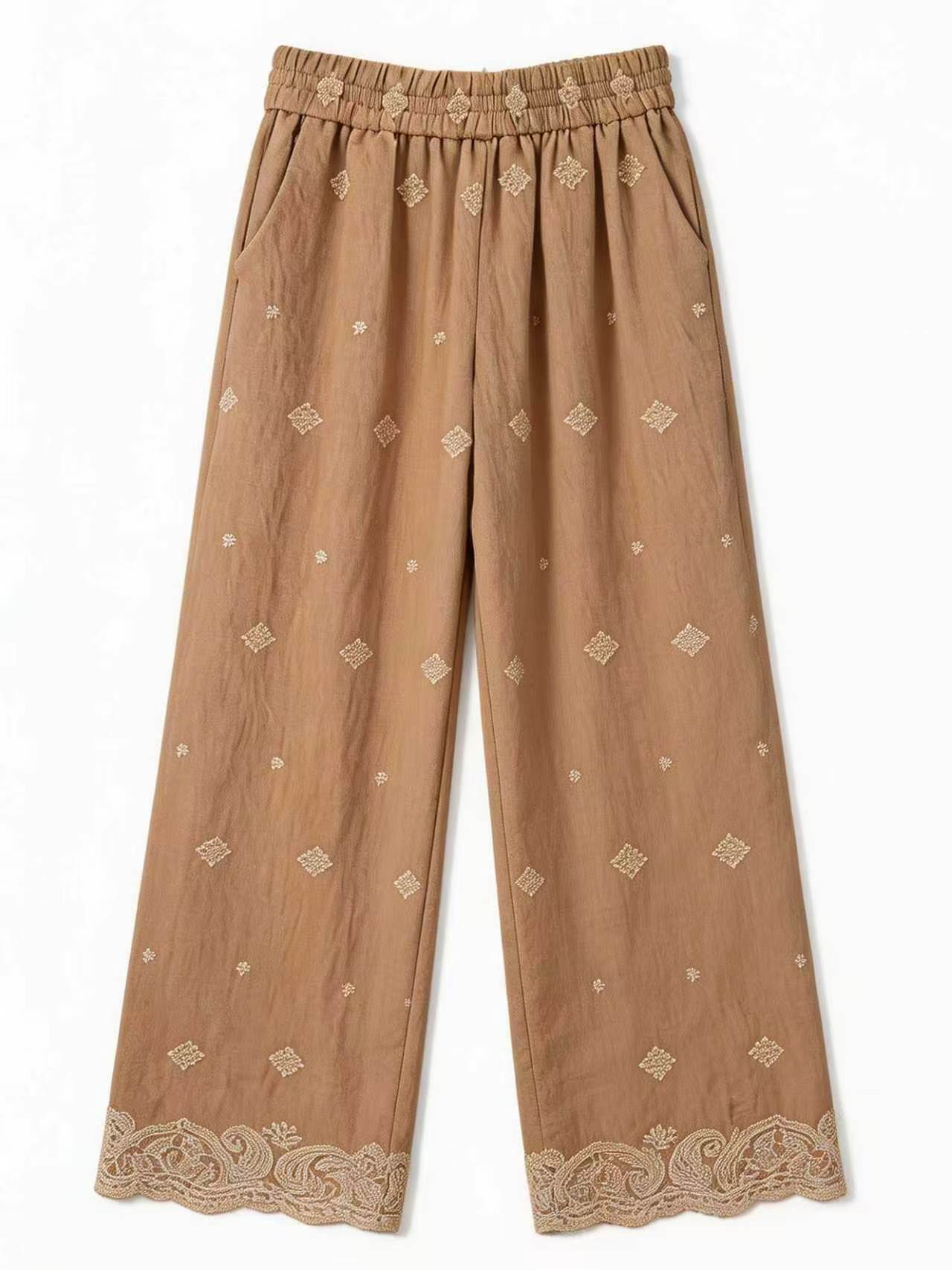 Minimalist High-Waisted Embroidered Wide-Leg Trousers AN-710002