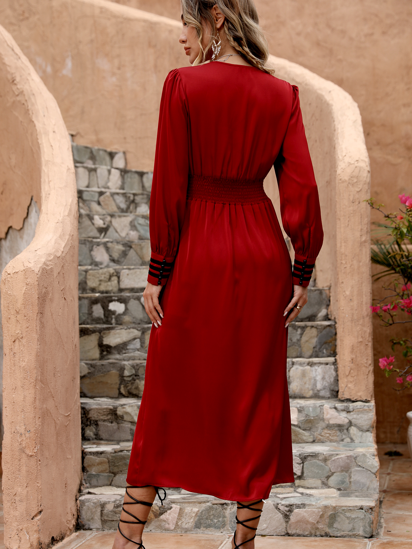 Women's French Vintage Style V-Neck Long Sleeve A-Line Dress - Burgundy Button Down W-34293