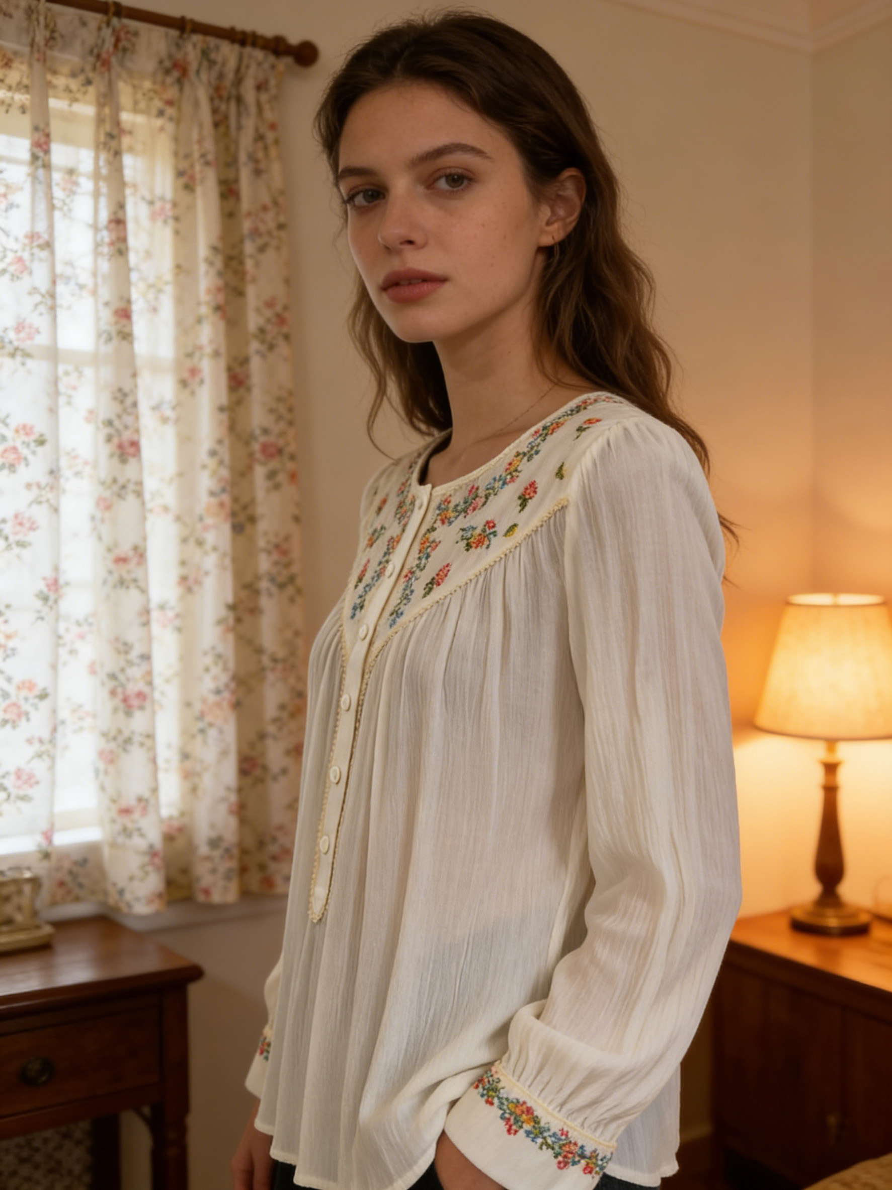 Women’s Boho Floral Embroidered Vintage Peasant Blouse M-38983