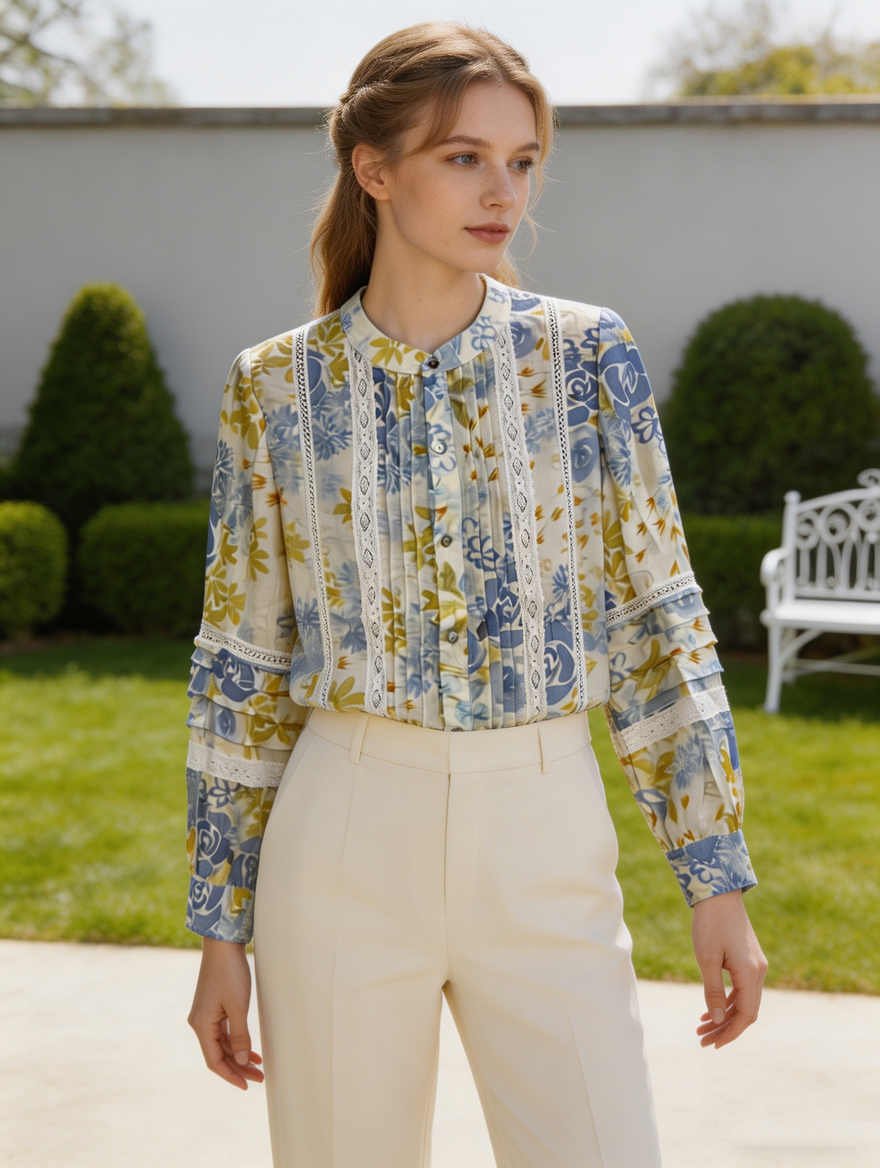 Boho  Floral Print Shirt - Lace Trim Relaxed Fit Blouse AN-710007