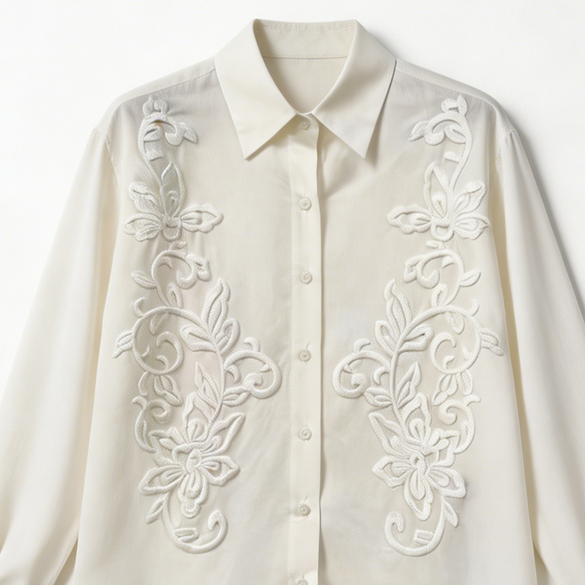 White Floral Embroidered Long Sleeve Shirt - Vintage Linen Blouse W-39376-1