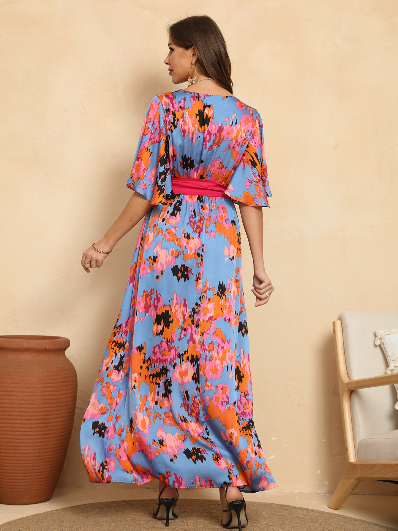 Vibrant Floral Wrap Belted Flutter Sleeve Maxi Dress W-32906
