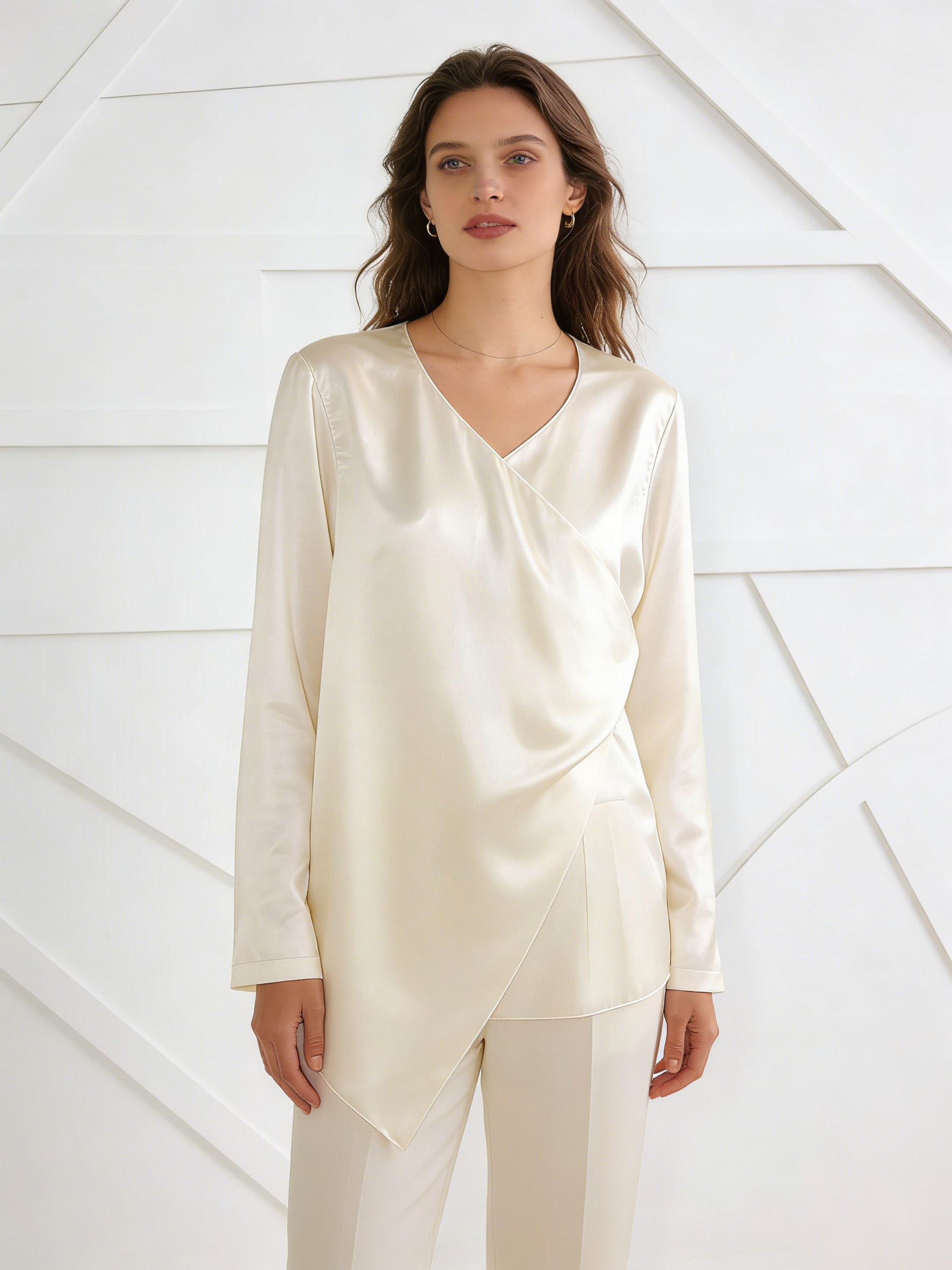 Asymmetric Satin Wrap Dress – Minimalist V-Neck Draped Loose Fit Elegant Designer Dress AN-121006