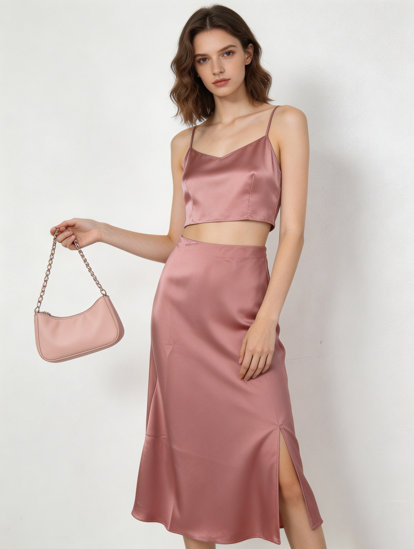 Elegant  Satin Office Skirt - Side Slit Tailored Midi Skirt  AN-710014