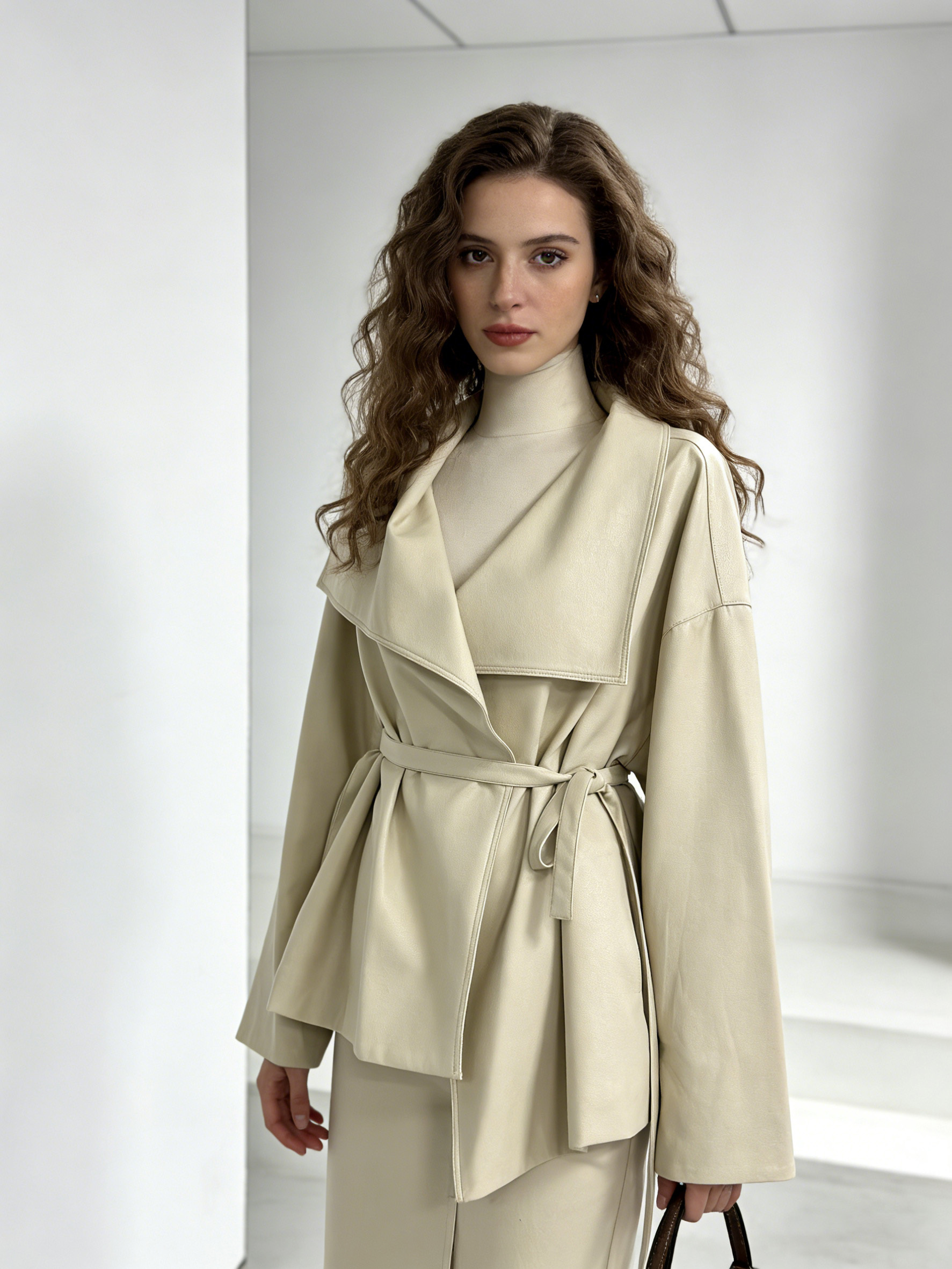Vintage Beige Lapel Faux Leather Coat - Casual Oversized Jacket 27507