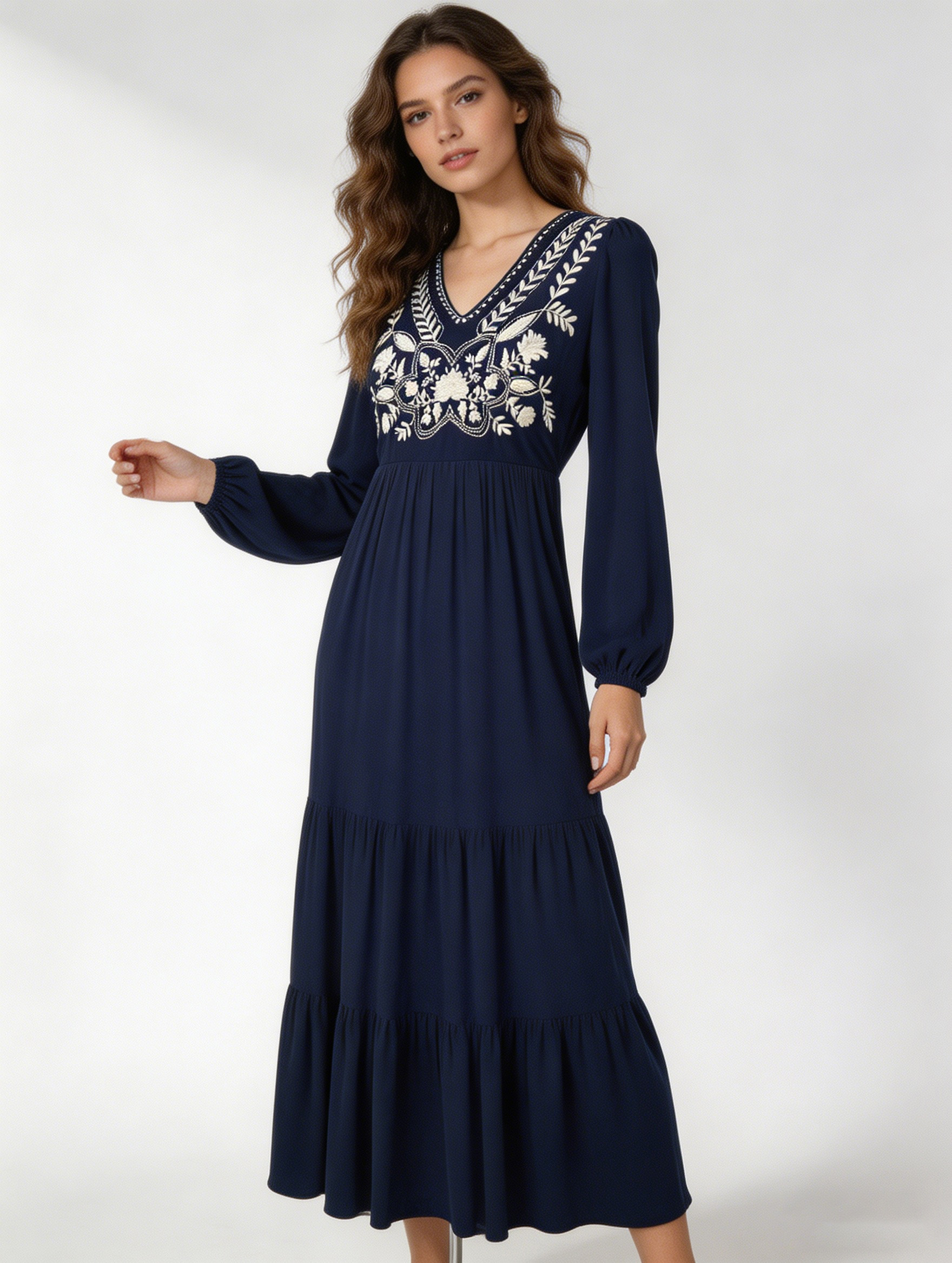 Navy Blue Embroidered Boho Maxi Dress D-34131