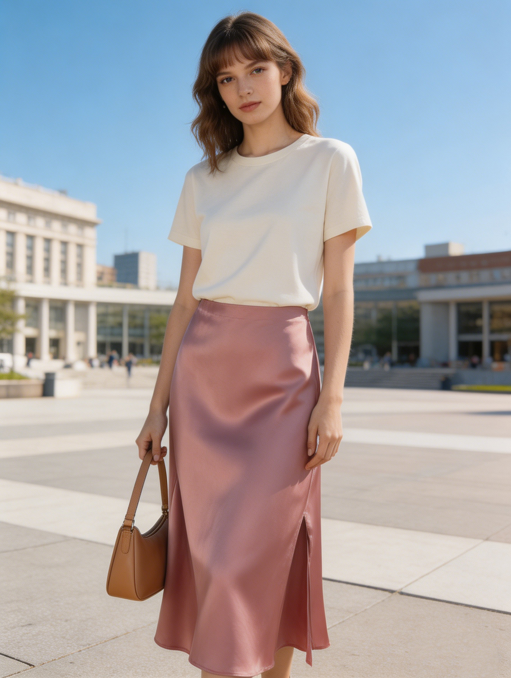 Elegant  Satin Office Skirt - Side Slit Tailored Midi Skirt  AN-710014