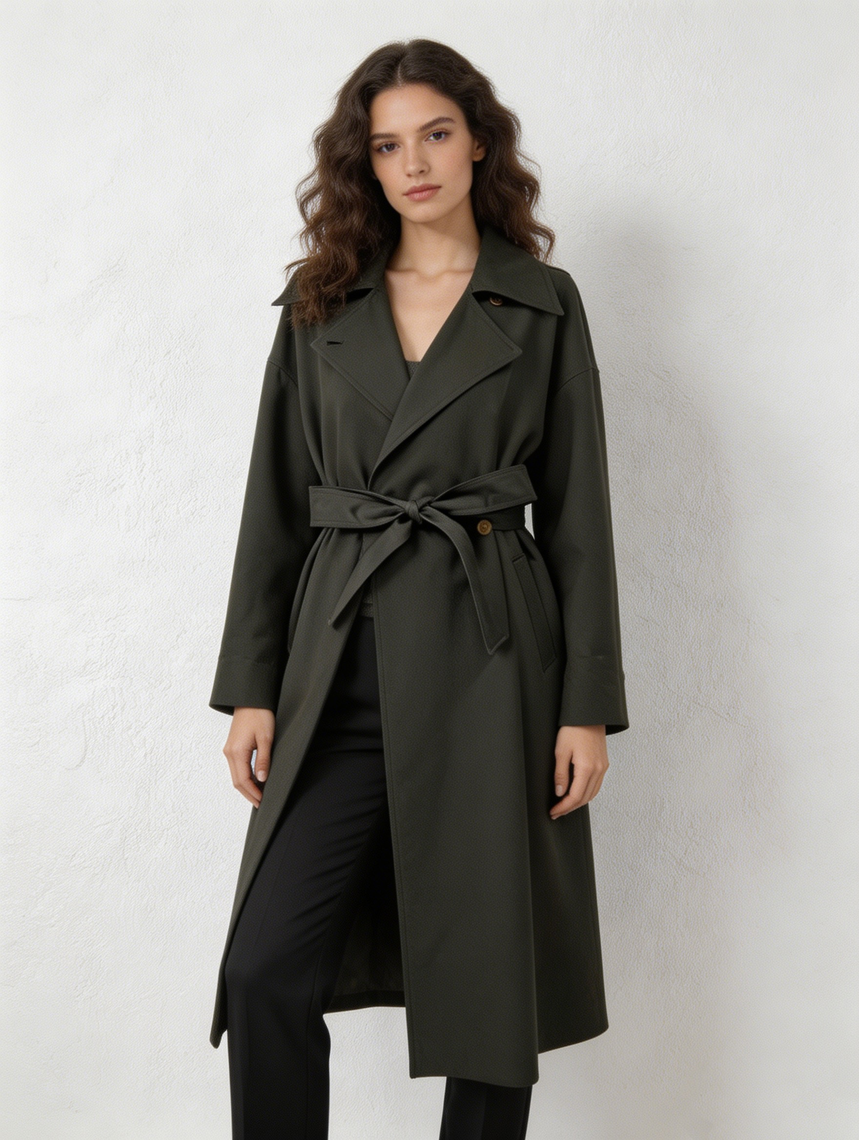 Women's Olive Green Belted Waist Trench Coat - Mid-Length Office Outerwear  57772-1