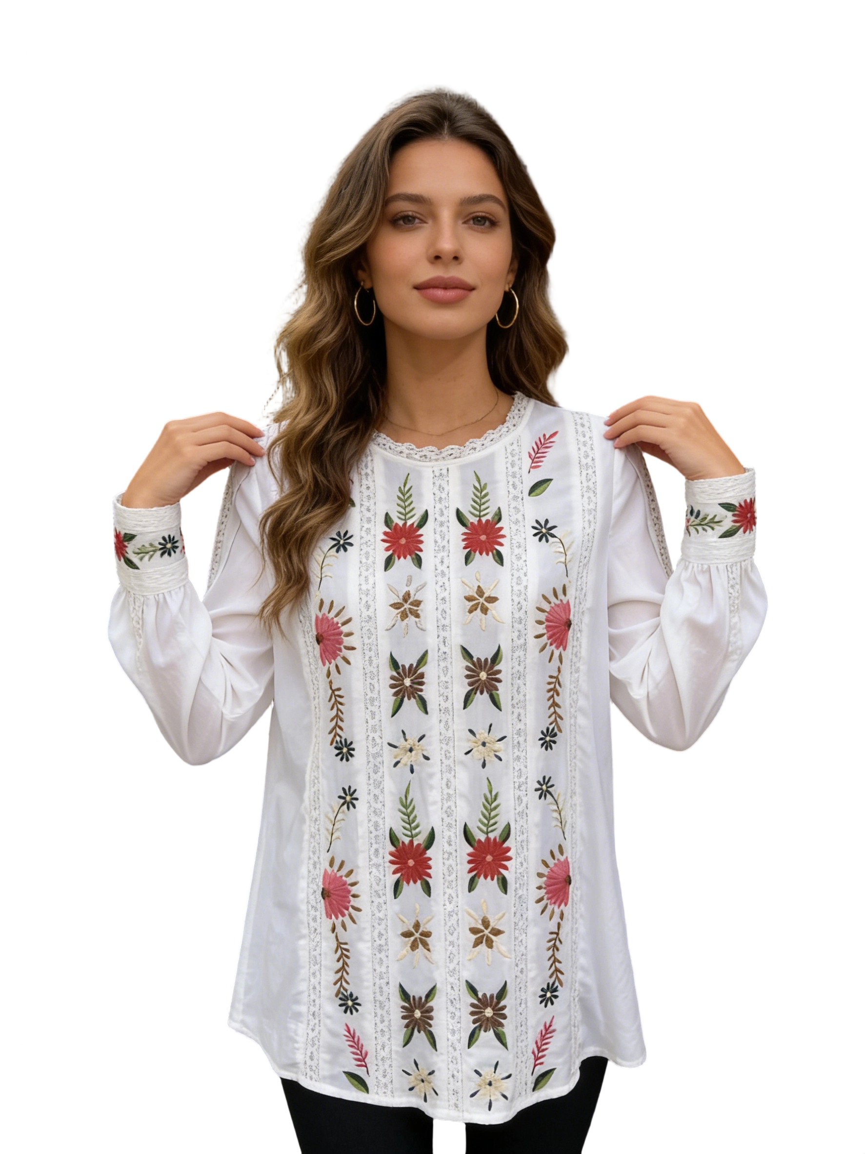 Women’s Boho Floral Embroidered Lace Panel Long Sleeve Blouse B-41966