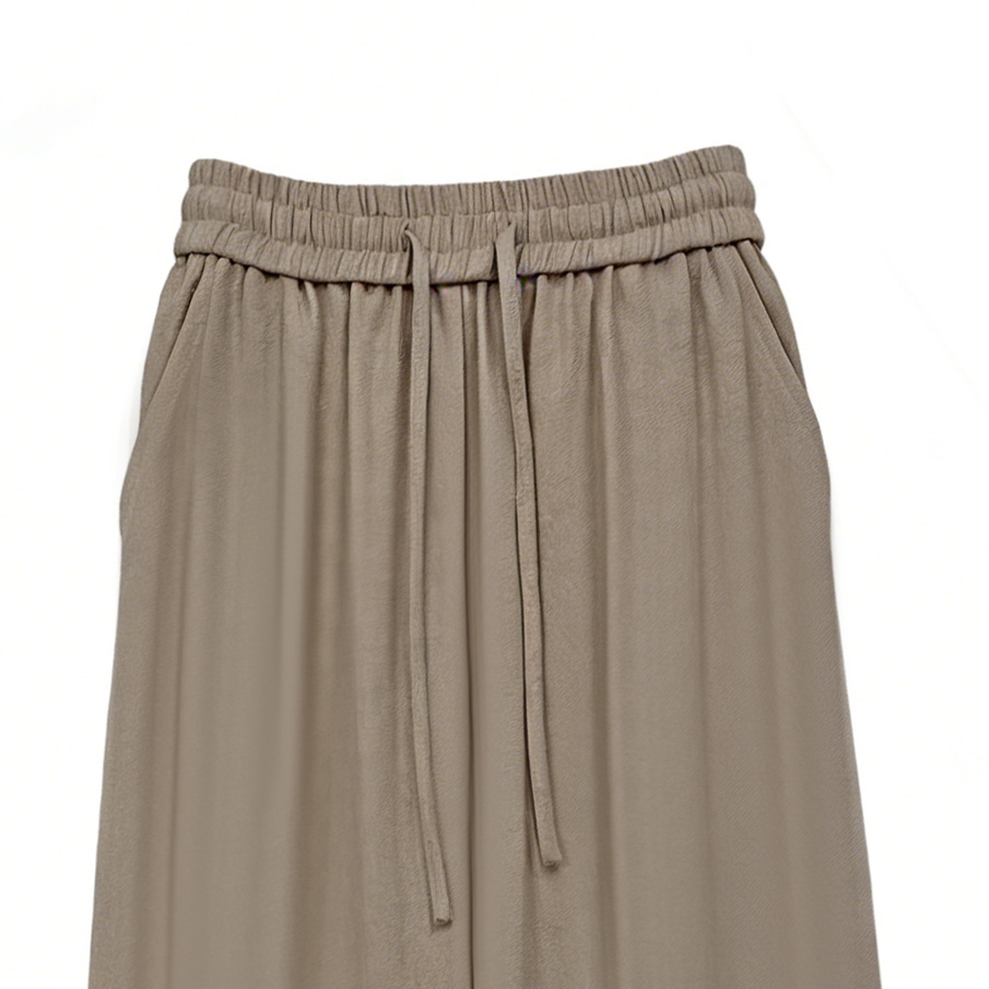 Women's Beige Satin Wide Leg Pants - Drawstring Waist Relaxed Fit Trousers  A-42588