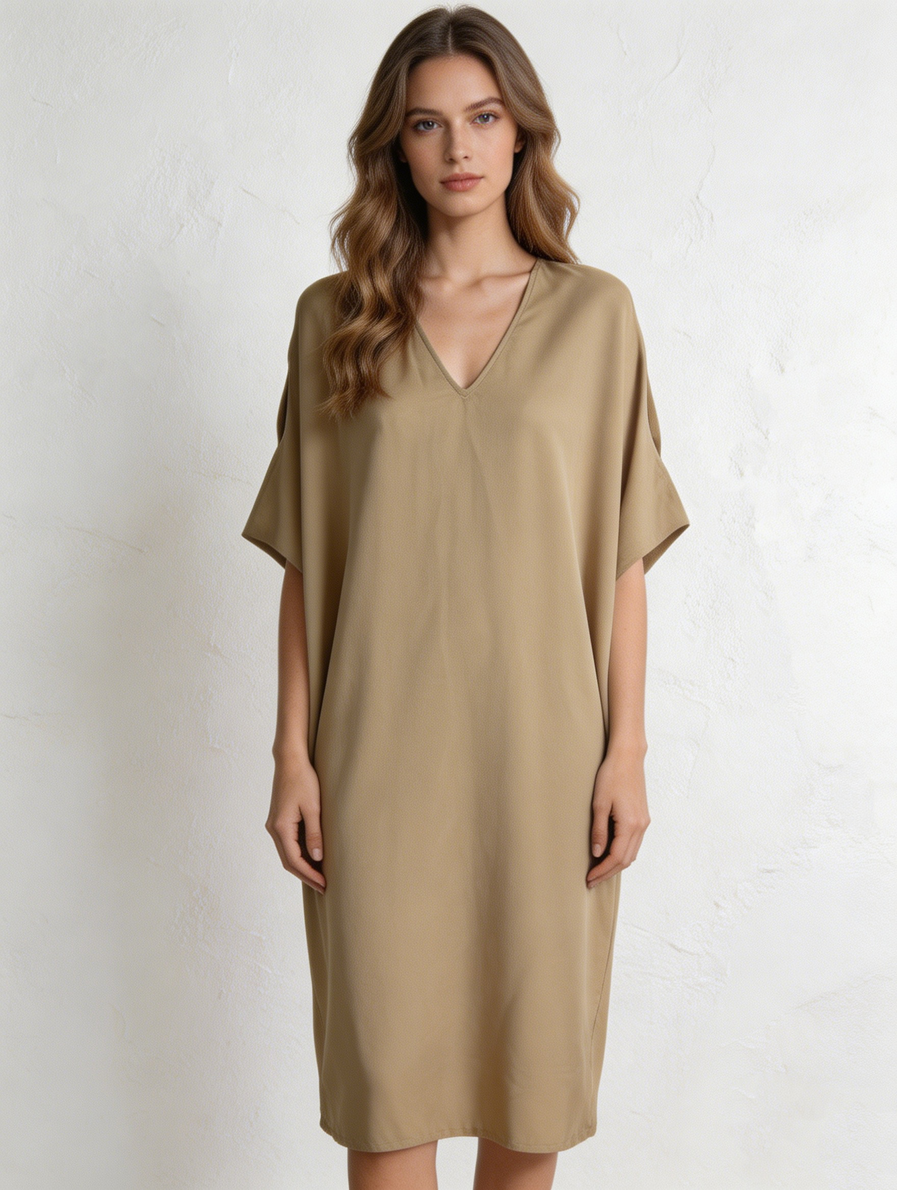 Chic Khaki Batwing Sleeve Shift Dress - Office Casual Midi Dress  S-2538