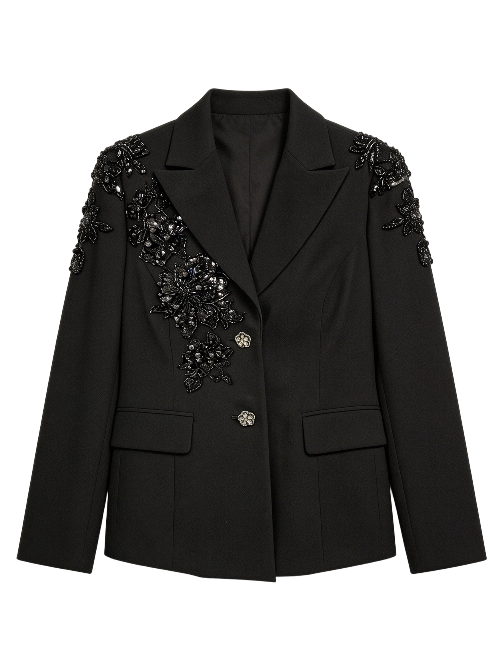 Glamorous Couture-Inspired Black Suit Jacket - Sophisticated Occasion Wear 8013-190