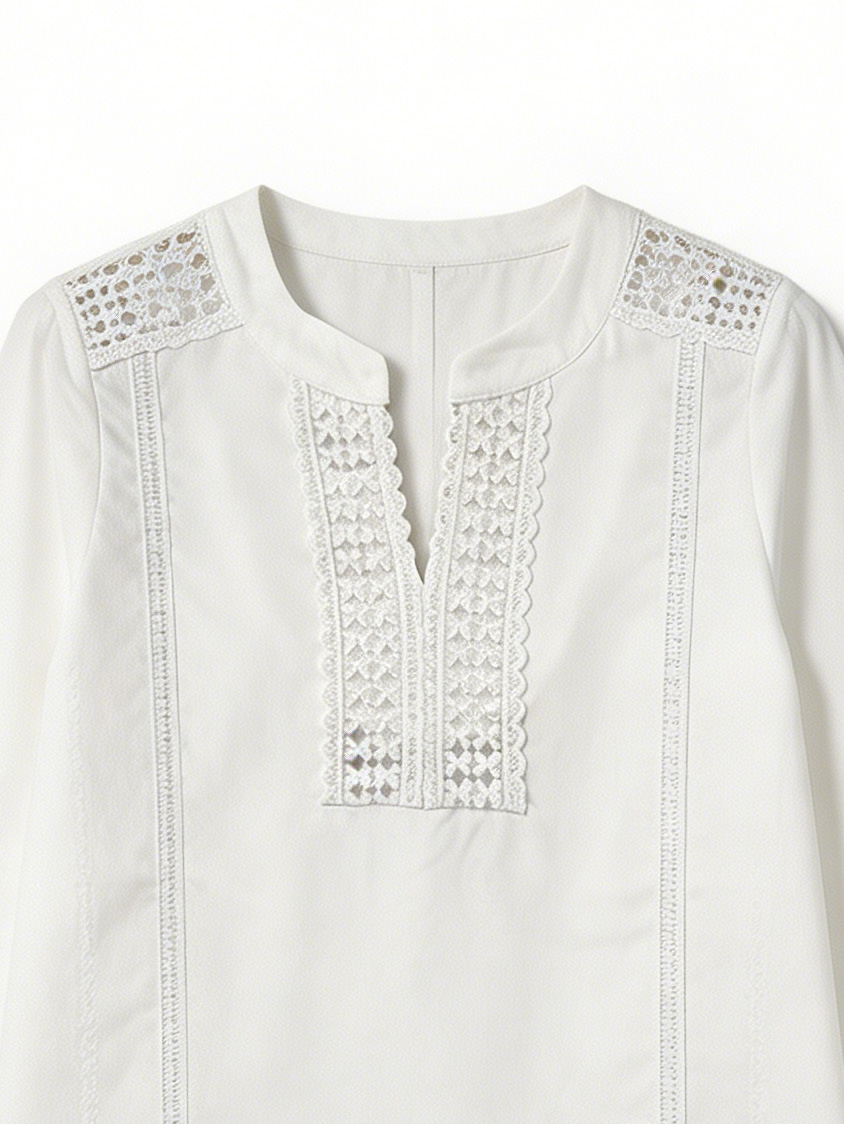 French Style White Lace Embroidered Blouse - Relaxed Fit Stand Collar Top  AN-710019