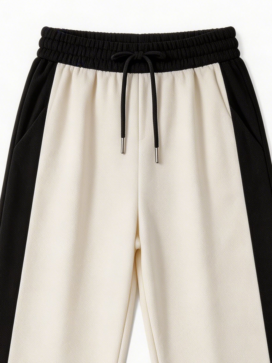 Women's Black and Cream Colorblock Wide-Leg Track Pants 3823