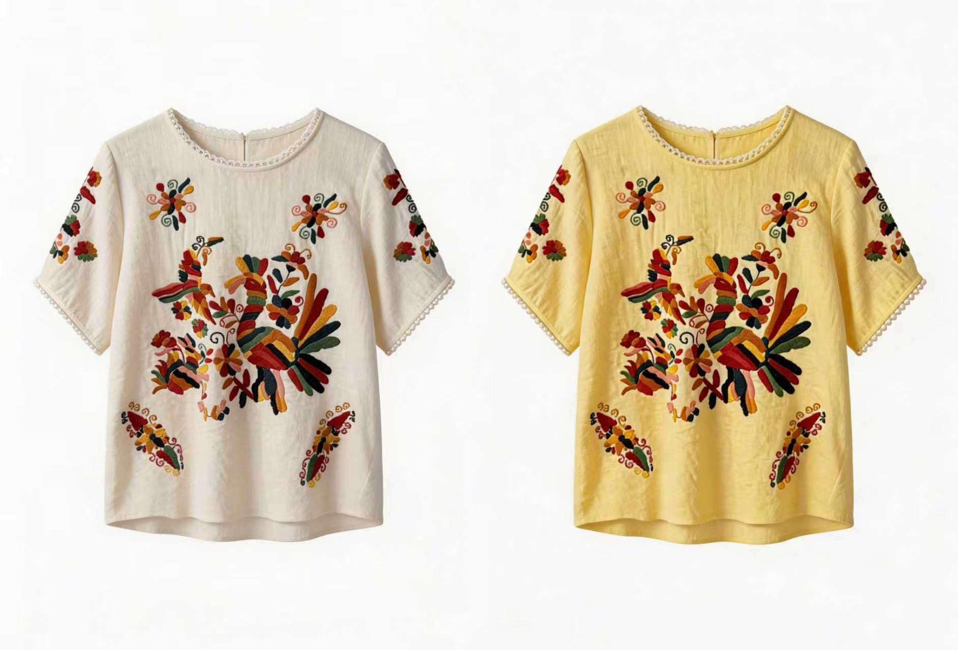 Floral Embroidered Boho Blouse with Lace Trim LA-750002