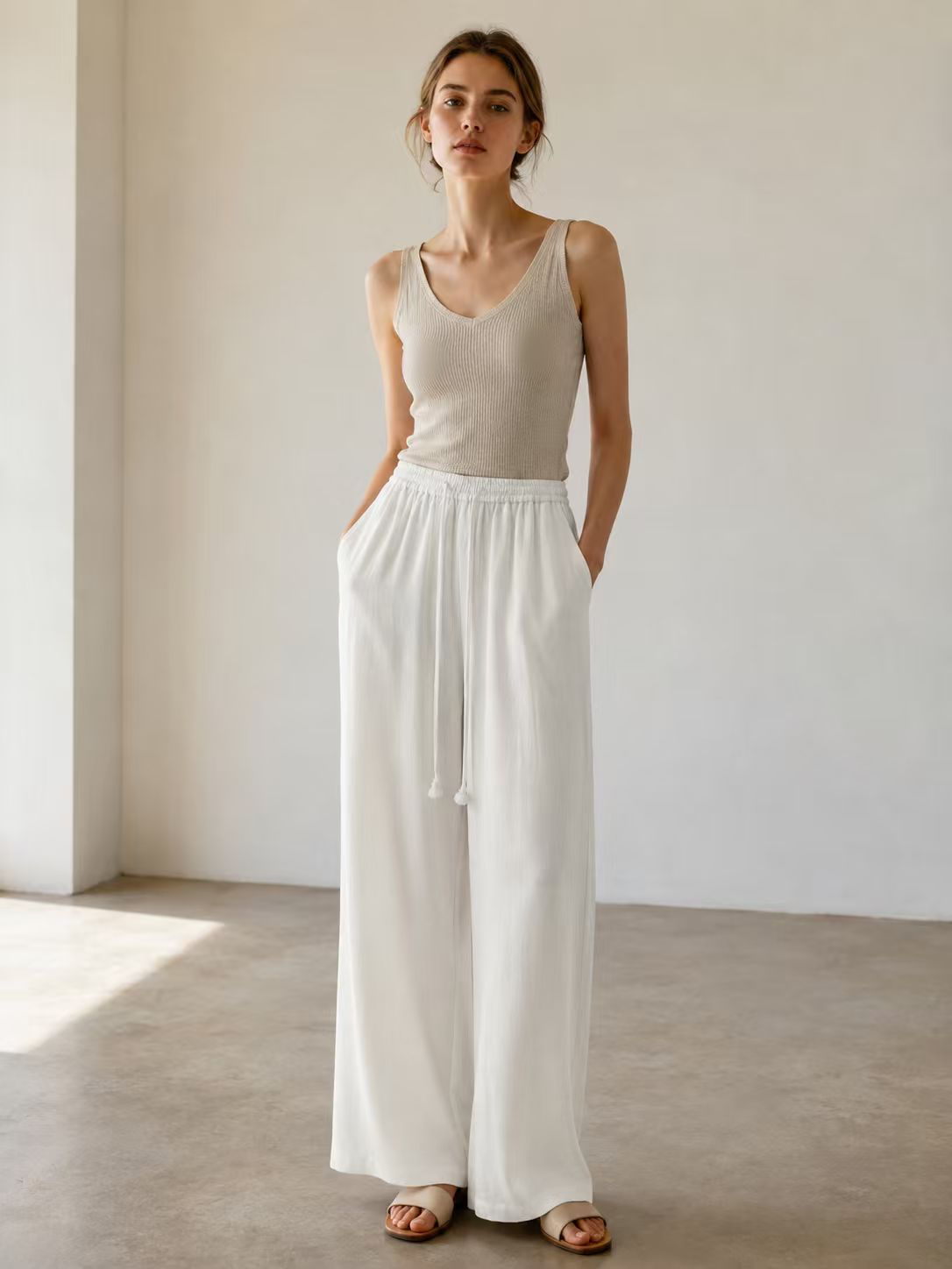 Elegant White Office Pants - Linen Blend Drawstring Waist Wide Leg Trousers  C-41969
