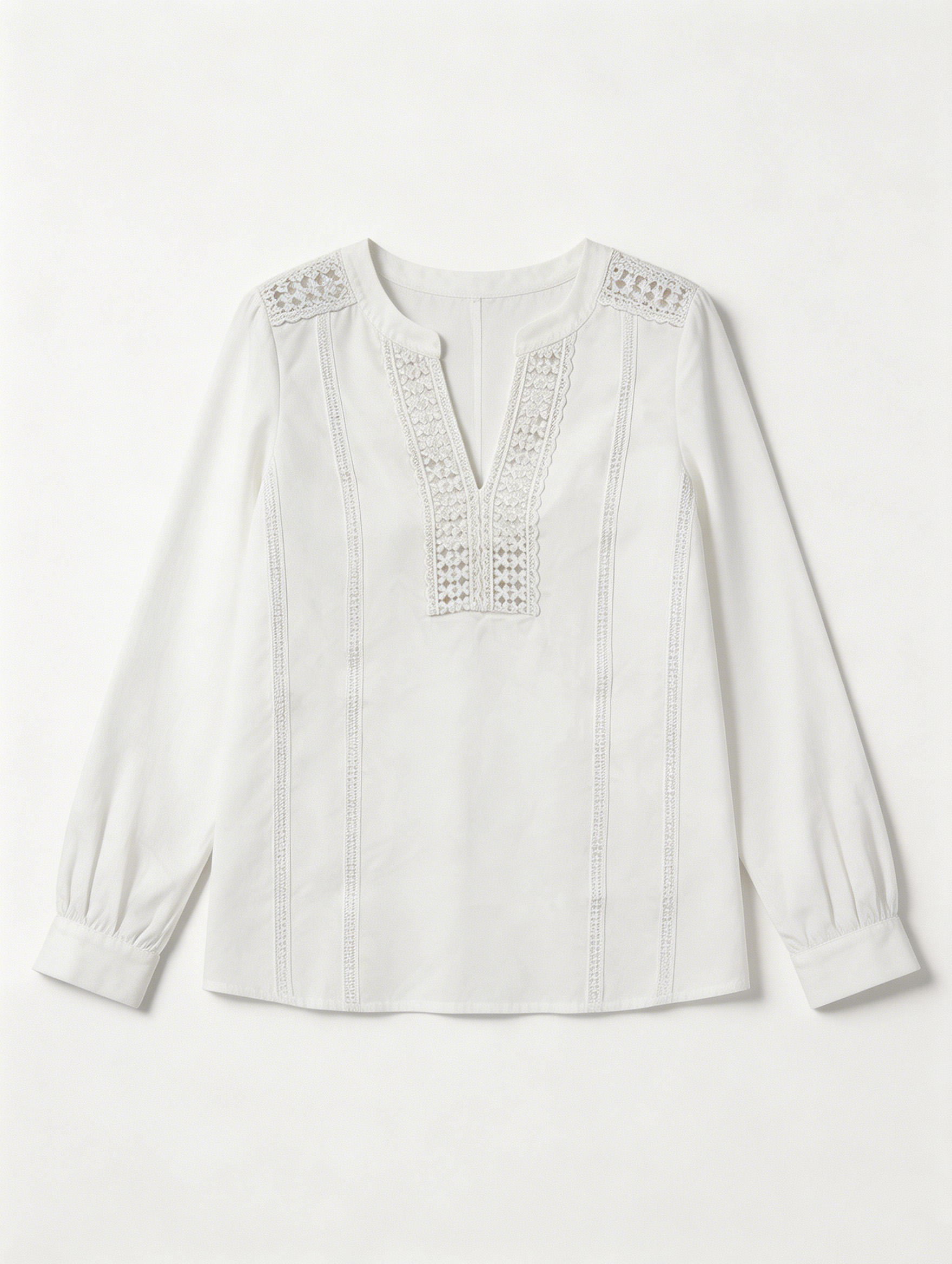 Women's White Lace Trim Stand Collar Long Sleeve Blouse - Puff Sleeve Top  C-40458