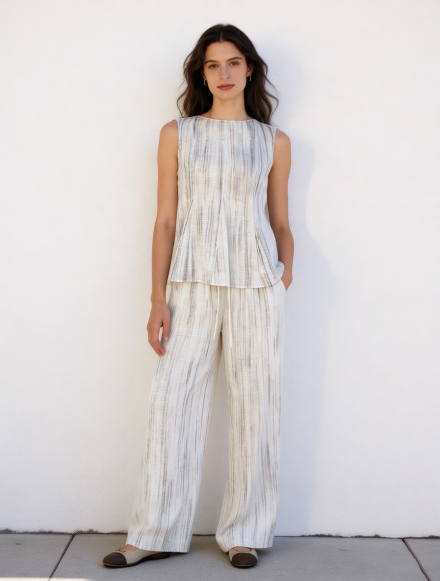 Striped Linen-Blend Sleeveless Top Wide Leg Pants Set - Casual Two Piece Outfit W-40584+W-40585